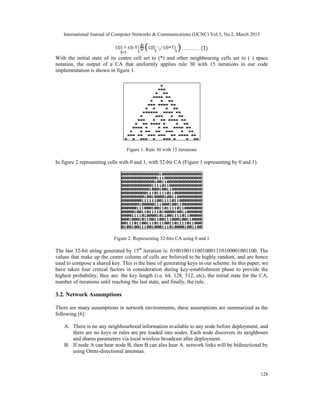International Journal of Computer Networks & Communications (IJCNC) Vol.5, No.2, March 2013



With the initial state of its centre cell set to (*) and other neighbouring cells set to ( ) space
notation, the output of a CA that uniformly applies rule 30 with 15 iterations in our code
implementation is shown in figure 1.




                                 Figure 1. Rule 30 with 15 iterations

In figure 2 representing cells with 0 and 1, with 32-bit CA (Figure 1 representing by 0 and 1).




                           Figure 2. Representing 32-bits CA using 0 and 1

The last 32-bit string generated by 15th iteration is: 01001001110010001110100001001100. The
values that make up the centre column of cells are believed to be highly random, and are hence
used to compose a shared key. This is the base of generating keys in our scheme. In this paper, we
have taken four critical factors in consideration during key-establishment phase to provide the
highest probability, they are: the key length (i.e. 64, 128, 512, etc), the initial state for the CA,
number of iterations until reaching the last state, and finally, the rule.

3.2. Network Assumptions

There are many assumptions in network environments, these assumptions are summarized as the
following [6]:

    A. There is no any neighbourhood information available to any node before deployment, and
       there are no keys or rules are pre loaded into nodes. Each node discovers its neighbours
       and shares parameters via local wireless broadcast after deployment.
    B. If node A can hear node B, then B can also hear A. network links will be bidirectional by
       using Omni-directional antennas.



                                                                                                  128
 