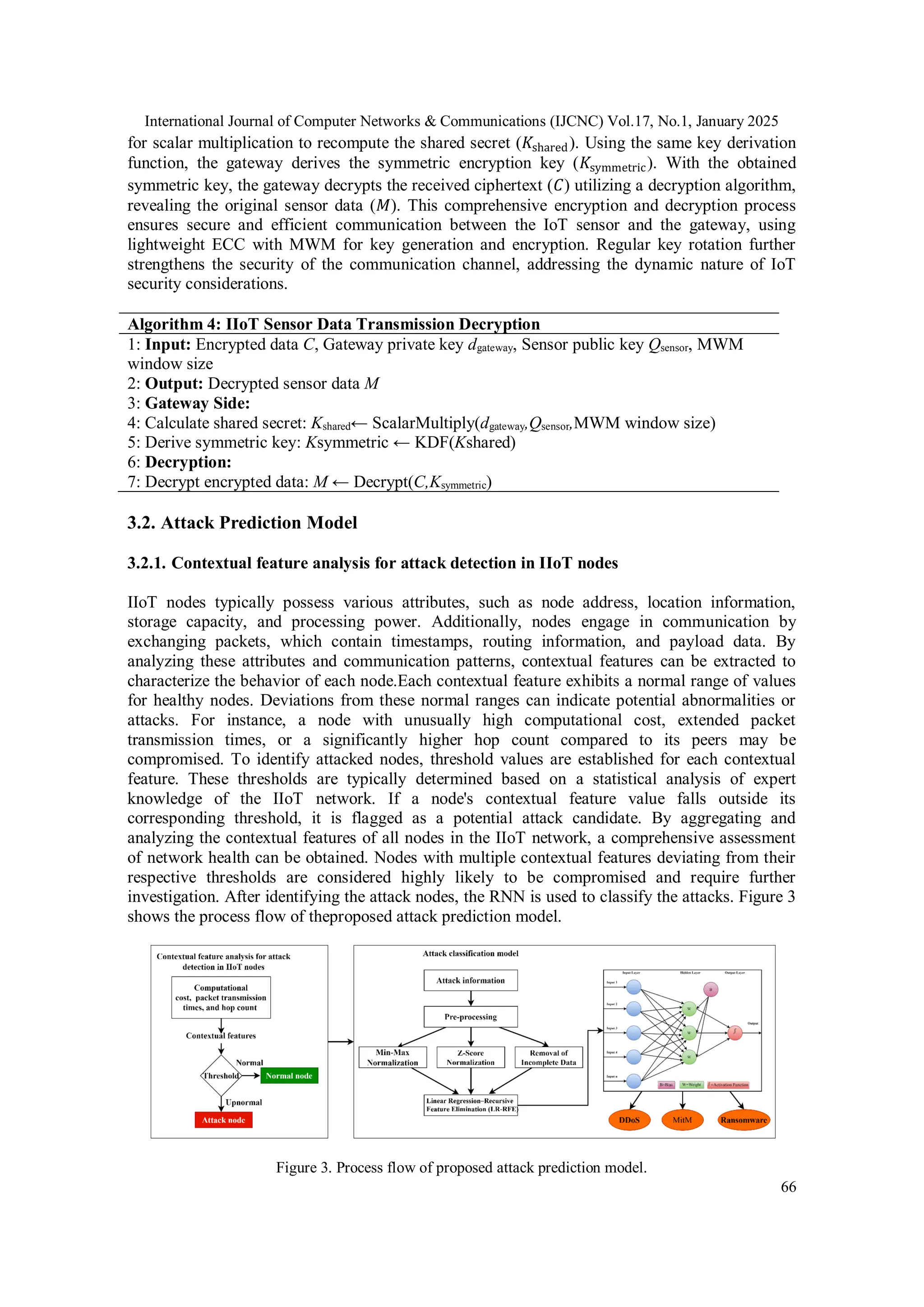 International Journal of Computer Networks & Communications (IJCNC) Vol.17, No.1, January 2025 66 for scalar multiplication to recompute the shared secret (𝐾shared). Using the same key derivation function, the gateway derives the symmetric encryption key (𝐾symmetric). With the obtained symmetric key, the gateway decrypts the received ciphertext (𝐶) utilizing a decryption algorithm, revealing the original sensor data (𝑀). This comprehensive encryption and decryption process ensures secure and efficient communication between the IoT sensor and the gateway, using lightweight ECC with MWM for key generation and encryption. Regular key rotation further strengthens the security of the communication channel, addressing the dynamic nature of IoT security considerations. Algorithm 4: IIoT Sensor Data Transmission Decryption 1: Input: Encrypted data C, Gateway private key dgateway, Sensor public key Qsensor, MWM window size 2: Output: Decrypted sensor data M 3: Gateway Side: 4: Calculate shared secret: Kshared← ScalarMultiply(dgateway,Qsensor,MWM window size) 5: Derive symmetric key: Ksymmetric ← KDF(Kshared) 6: Decryption: 7: Decrypt encrypted data: M ← Decrypt(C,Ksymmetric) 3.2. Attack Prediction Model 3.2.1. Contextual feature analysis for attack detection in IIoT nodes IIoT nodes typically possess various attributes, such as node address, location information, storage capacity, and processing power. Additionally, nodes engage in communication by exchanging packets, which contain timestamps, routing information, and payload data. By analyzing these attributes and communication patterns, contextual features can be extracted to characterize the behavior of each node.Each contextual feature exhibits a normal range of values for healthy nodes. Deviations from these normal ranges can indicate potential abnormalities or attacks. For instance, a node with unusually high computational cost, extended packet transmission times, or a significantly higher hop count compared to its peers may be compromised. To identify attacked nodes, threshold values are established for each contextual feature. These thresholds are typically determined based on a statistical analysis of expert knowledge of the IIoT network. If a node's contextual feature value falls outside its corresponding threshold, it is flagged as a potential attack candidate. By aggregating and analyzing the contextual features of all nodes in the IIoT network, a comprehensive assessment of network health can be obtained. Nodes with multiple contextual features deviating from their respective thresholds are considered highly likely to be compromised and require further investigation. After identifying the attack nodes, the RNN is used to classify the attacks. Figure 3 shows the process flow of theproposed attack prediction model. Figure 3. Process flow of proposed attack prediction model. 