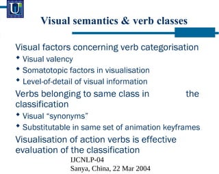 IJCNLP-04
Sanya, China, 22 Mar 2004
Visual semantics & verb classes
Visual factors concerning verb categorisation
? Visual valency
? Somatotopic factors in visualisation
? Level-of-detail of visual information
Verbs belonging to same class in the
classification
? Visual synonyms
? Substitutable in same set of animation keyframes
Visualisation of action verbs is effective
evaluation of the classification
 