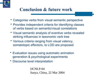 IJCNLP-04
Sanya, China, 22 Mar 2004
Conclusion & future work
? Categorise verbs from visual semantic perspective
? Provides independent criteria for identifying classes
of verbs based on semantic/visual correlations
? Visual semantic analysis of eventive verbs revealed
striking influences in taxonomic verb tree
? Various criteria ranging from visual valency,
somatotopic effectors, to LOD are proposed
? Evaluation issues using automatic animation
generation & psychological experiments
? Discourse level interpretation
 