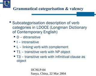 IJCNLP-04
Sanya, China, 22 Mar 2004
Grammatical categorisation & valency
? Subcategorisation description of verb
categories in LDOCE (Longman Dictionary
of Contemporary English)
? D C ditransitive
? I C intransitive
? L C linking verb with complement
? T1 C transitive verb with NP object
? T3 C transitive verb with infinitival clause as
object
 