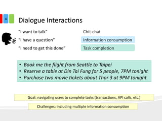 Dialogue Interactions
“I want to talk” Chit-chat
“I have a question” Information consumption
“I need to get this done” Task completion
• Book me the flight from Seattle to Taipei
• Reserve a table at Din Tai Fung for 5 people, 7PM tonight
• Purchase two movie tickets about Thor 3 at 9PM tonight
4
Goal: navigating users to complete tasks (transactions, API calls, etc.)
Challenges: including multiple information consumption
 