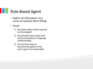 Rule-Based Agent
• Gather all information via a
series of requests (form-filling)
• Issues
1) No notion about what requests
can be skipped
2) No principle way to deal with
errors/uncertainty in language
understanding
3) Do not know how to
recommend options if the
user’s goal is not achievable
8
 