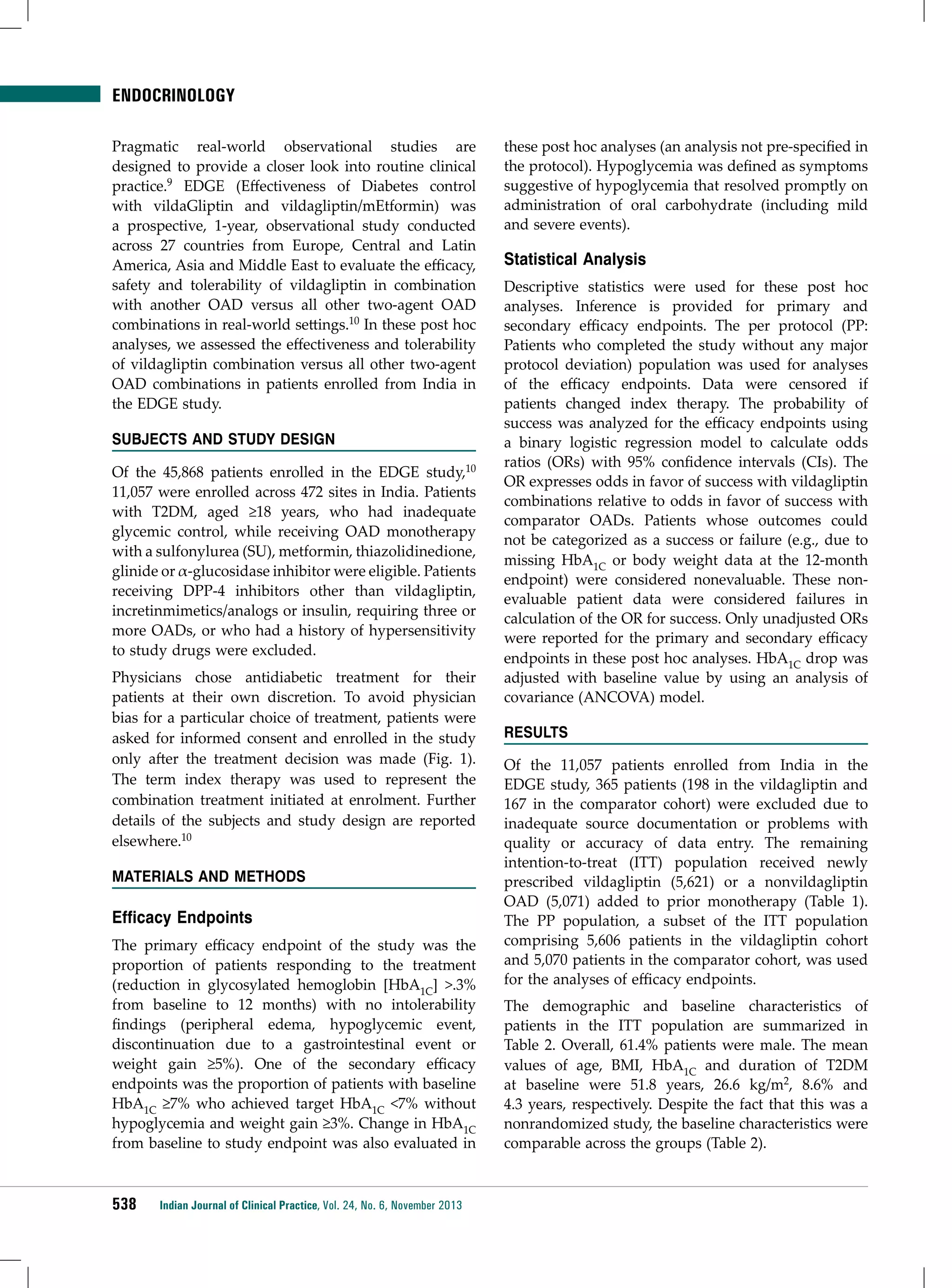 ENDOCRINOLOGY
Pragmatic real-world observational studies are
designed to provide a closer look into routine clinical
practice.9 EDGE (Effectiveness of Diabetes control
with vildaGliptin and vildagliptin/mEtformin) was
a prospective, 1-year, observational study conducted
across 27 countries from Europe, Central and Latin
America, Asia and Middle East to evaluate the efficacy,
safety and tolerability of vildagliptin in combination
with another OAD versus all other two-agent OAD
combinations in real-world settings.10 In these post hoc
analyses, we assessed the effectiveness and tolerability
of vildagliptin combination versus all other two-agent
OAD combinations in patients enrolled from India in
the EDGE study.
Subjects and Study Design
Of the 45,868 patients enrolled in the EDGE study,10
11,057 were enrolled across 472 sites in India. Patients
with T2DM, aged ≥18 years, who had inadequate
glycemic control, while receiving OAD monotherapy
with a sulfonylurea (SU), metformin, thiazolidinedione,
glinide or α-glucosidase inhibitor were eligible. Patients
receiving DPP-4 inhibitors other than vildagliptin,
incretinmimetics/analogs or insulin, requiring three or
more OADs, or who had a history of hypersensitivity
to study drugs were excluded.
Physicians chose antidiabetic treatment for their
patients at their own discretion. To avoid physician
bias for a particular choice of treatment, patients were
asked for informed consent and enrolled in the study
only after the treatment decision was made (Fig. 1).
The term index therapy was used to represent the
combination treatment initiated at enrolment. Further
details of the subjects and study design are reported
elsewhere.10
Materials and Methods

Efficacy Endpoints
The primary efficacy endpoint of the study was the
proportion of patients responding to the treatment
(reduction in glycosylated hemoglobin [HbA1C] >.3%
from baseline to 12 months) with no intolerability
findings (peripheral edema, hypoglycemic event,
discontinuation due to a gastrointestinal event or
weight gain ≥5%). One of the secondary efficacy
endpoints was the proportion of patients with baseline
HbA1C ≥7% who achieved target HbA1C <7% without
hypoglycemia and weight gain ≥3%. Change in HbA1C
from baseline to study endpoint was also evaluated in

538

Indian Journal of Clinical Practice, Vol. 24, No. 6, November 2013

these post hoc analyses (an analysis not pre-specified in
the protocol). Hypoglycemia was defined as symptoms
suggestive of hypoglycemia that resolved promptly on
administration of oral carbohydrate (including mild
and severe events).

Statistical Analysis
Descriptive statistics were used for these post hoc
analyses. Inference is provided for primary and
secondary efficacy endpoints. The per protocol (PP:
Patients who completed the study without any major
protocol deviation) population was used for analyses
of the efficacy endpoints. Data were censored if
patients changed index therapy. The probability of
success was analyzed for the efficacy endpoints using
a binary logistic regression model to calculate odds
ratios (ORs) with 95% confidence intervals (CIs). The
OR expresses odds in favor of success with vildagliptin
combinations relative to odds in favor of success with
comparator OADs. Patients whose outcomes could
not be categorized as a success or failure (e.g., due to
missing HbA1C or body weight data at the 12-month
endpoint) were considered nonevaluable. These nonevaluable patient data were considered failures in
calculation of the OR for success. Only unadjusted ORs
were reported for the primary and secondary efficacy
endpoints in these post hoc analyses. HbA1C drop was
adjusted with baseline value by using an analysis of
covariance (ANCOVA) model.
Results
Of the 11,057 patients enrolled from India in the
EDGE study, 365 patients (198 in the vildagliptin and
167 in the comparator cohort) were excluded due to
inadequate source documentation or problems with
quality or accuracy of data entry. The remaining
intention-to-treat (ITT) population received newly
prescribed vildagliptin (5,621) or a nonvildagliptin
OAD (5,071) added to prior monotherapy (Table 1).
The PP population, a subset of the ITT population
comprising 5,606 patients in the vildagliptin cohort
and 5,070 patients in the comparator cohort, was used
for the analyses of efficacy endpoints.
The demographic and baseline characteristics of
patients in the ITT population are summarized in
Table 2. Overall, 61.4% patients were male. The mean
values of age, BMI, HbA1C and duration of T2DM
at baseline were 51.8 years, 26.6 kg/m2, 8.6% and
4.3 years, respectively. Despite the fact that this was a
nonrandomized study, the baseline characteristics were
comparable across the groups (Table 2).

 
