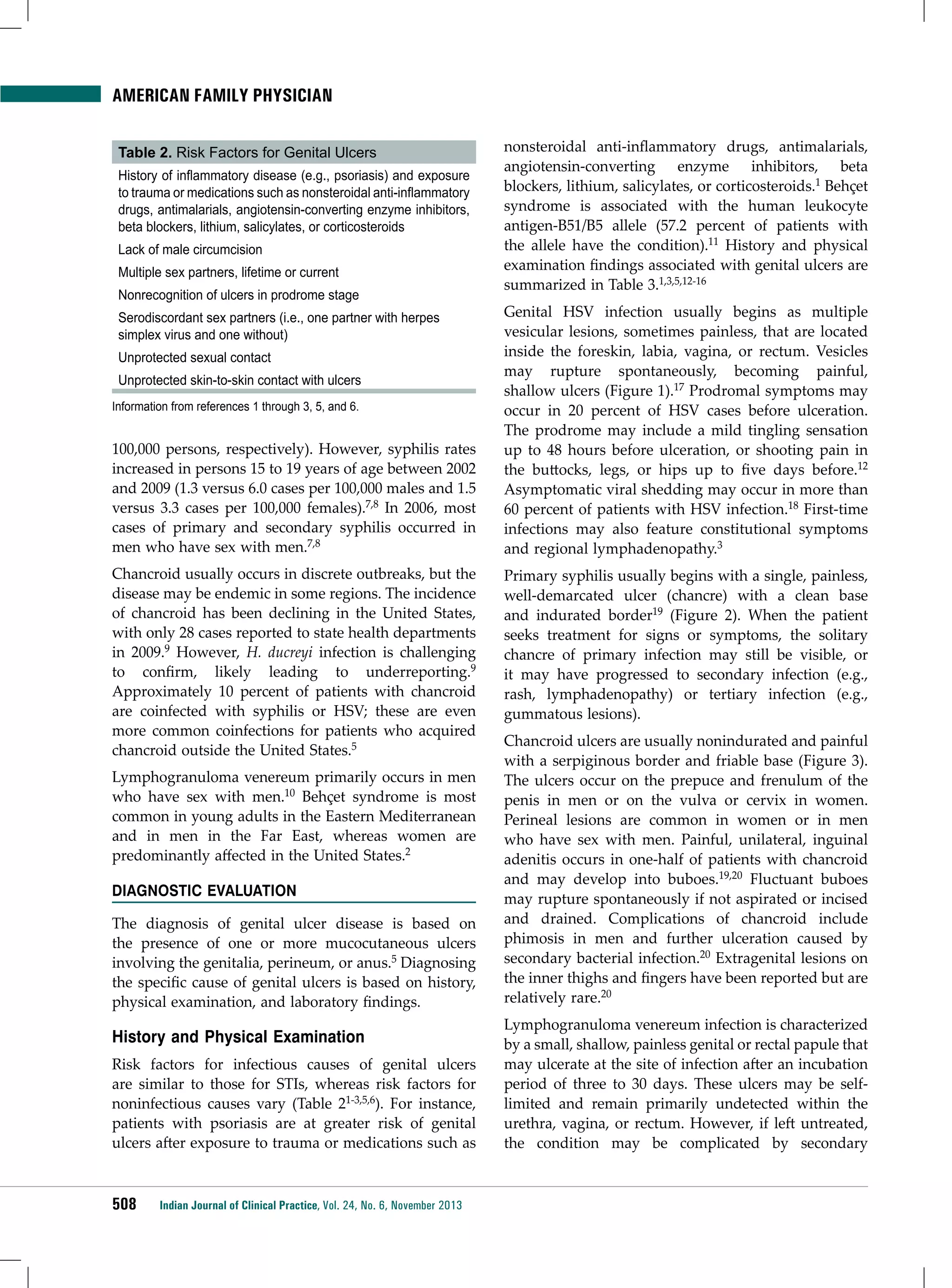 American Family Physician
Table 2. Risk Factors for Genital Ulcers
History of inflammatory disease (e.g., psoriasis) and exposure
to trauma or medications such as nonsteroidal anti-inflammatory
drugs, antimalarials, angiotensin-converting enzyme inhibitors,
beta blockers, lithium, salicylates, or corticosteroids
Lack of male circumcision
Multiple sex partners, lifetime or current
Nonrecognition of ulcers in prodrome stage
Serodiscordant sex partners (i.e., one partner with herpes
simplex virus and one without)
Unprotected sexual contact
Unprotected skin-to-skin contact with ulcers
Information from references 1 through 3, 5, and 6.

100,000 persons, respectively). However, syphilis rates
increased in persons 15 to 19 years of age between 2002
and 2009 (1.3 versus 6.0 cases per 100,000 males and 1.5
versus 3.3 cases per 100,000 females).7,8 In 2006, most
cases of primary and secondary syphilis occurred in
men who have sex with men.7,8
Chancroid usually occurs in discrete outbreaks, but the
disease may be endemic in some regions. The incidence
of chancroid has been declining in the United States,
with only 28 cases reported to state health departments
in 2009.9 However, H. ducreyi infection is challenging
to confirm, likely leading to underreporting.9
Approximately 10 percent of patients with chancroid
are coinfected with syphilis or HSV; these are even
more common coinfections for patients who acquired
chancroid outside the United States.5
Lymphogranuloma venereum primarily occurs in men
who have sex with men.10 Behçet syndrome is most
common in young adults in the Eastern Mediterranean
and in men in the Far East, whereas women are
predominantly affected in the United States.2
Diagnostic Evaluation
The diagnosis of genital ulcer disease is based on
the presence of one or more mucocutaneous ulcers
involving the genitalia, perineum, or anus.5 Diagnosing
the specific cause of genital ulcers is based on history,
physical examination, and laboratory findings.

History and Physical Examination
Risk factors for infectious causes of genital ulcers
are similar to those for STIs, whereas risk factors for
noninfectious causes vary (Table 21-3,5,6). For instance,
patients with psoriasis are at greater risk of genital
ulcers after exposure to trauma or medications such as

508

Indian Journal of Clinical Practice, Vol. 24, No. 6, November 2013

nonsteroidal anti-inflammatory drugs, antimalarials,
angiotensin-converting enzyme inhibitors, beta
blockers, lithium, salicylates, or corticosteroids.1 Behçet
syndrome is associated with the human leukocyte
antigen-B51/B5 allele (57.2 percent of patients with
the allele have the condition).11 History and physical
examination findings associated with genital ulcers are
summarized in Table 3.1,3,5,12-16
Genital HSV infection usually begins as multiple
vesicular lesions, sometimes painless, that are located
inside the foreskin, labia, vagina, or rectum. Vesicles
may rupture spontaneously, becoming painful,
shallow ulcers (Figure 1).17 Prodromal symptoms may
occur in 20 percent of HSV cases before ulceration.
The prodrome may include a mild tingling sensation
up to 48 hours before ulceration, or shooting pain in
the buttocks, legs, or hips up to five days before.12
Asymptomatic viral shedding may occur in more than
60 percent of patients with HSV infection.18 First-time
infections may also feature constitutional symptoms
and regional lymphadenopathy.3
Primary syphilis usually begins with a single, painless,
well-demarcated ulcer (chancre) with a clean base
and indurated border19 (Figure 2). When the patient
seeks treatment for signs or symptoms, the solitary
chancre of primary infection may still be visible, or
it may have progressed to secondary infection (e.g.,
rash, lymphadenopathy) or tertiary infection (e.g.,
gummatous lesions).
Chancroid ulcers are usually nonindurated and painful
with a serpiginous border and friable base (Figure 3).
The ulcers occur on the prepuce and frenulum of the
penis in men or on the vulva or cervix in women.
Perineal lesions are common in women or in men
who have sex with men. Painful, unilateral, inguinal
adenitis occurs in one-half of patients with chancroid
and may develop into buboes.19,20 Fluctuant buboes
may rupture spontaneously if not aspirated or incised
and drained. Complications of chancroid include
phimosis in men and further ulceration caused by
secondary bacterial infection.20 Extragenital lesions on
the inner thighs and fingers have been reported but are
relatively rare.20
Lymphogranuloma venereum infection is characterized
by a small, shallow, painless genital or rectal papule that
may ulcerate at the site of infection after an incubation
period of three to 30 days. These ulcers may be selflimited and remain primarily undetected within the
urethra, vagina, or rectum. However, if left untreated,
the condition may be complicated by secondary

 