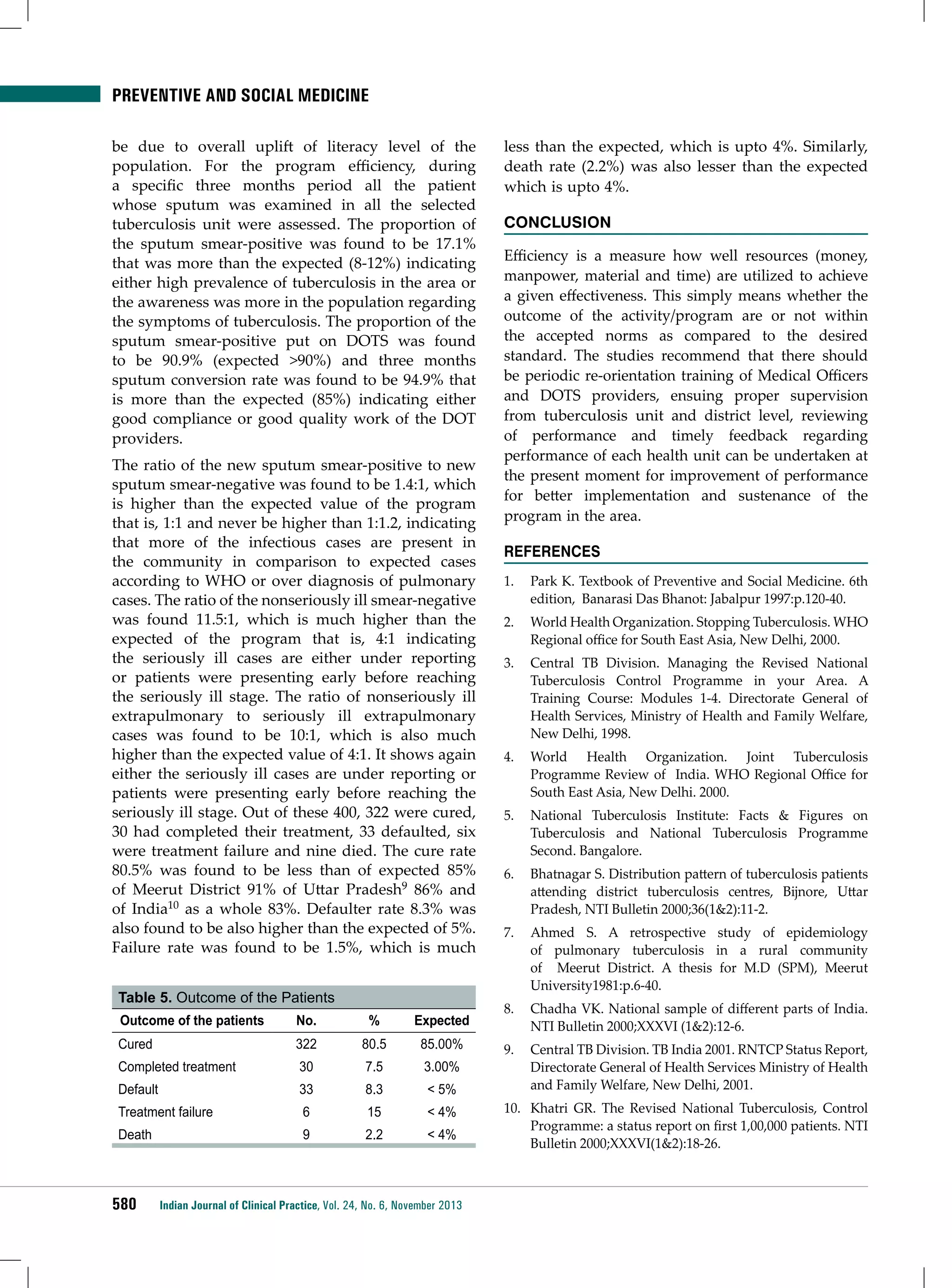 Preventive and social medicine
be due to overall uplift of literacy level of the
population. For the program efficiency, during
a specific three months period all the patient
whose sputum was examined in all the selected
tuberculosis unit were assessed. The proportion of
the sputum smear-positive was found to be 17.1%
that was more than the expected (8-12%) indicating
either high prevalence of tuberculosis in the area or
the awareness was more in the population regarding
the symptoms of tuberculosis. The proportion of the
sputum smear-positive put on DOTS was found
to be 90.9% (expected >90%) and three months
sputum conversion rate was found to be 94.9% that
is more than the expected (85%) indicating either
good compliance or good quality work of the DOT
providers.
The ratio of the new sputum smear-positive to new
sputum smear-negative was found to be 1.4:1, which
is higher than the expected value of the program
that is, 1:1 and never be higher than 1:1.2, indicating
that more of the infectious cases are present in
the community in comparison to expected cases
according to WHO or over diagnosis of pulmonary
cases. The ratio of the nonseriously ill smear-negative
was found 11.5:1, which is much higher than the
expected of the program that is, 4:1 indicating
the seriously ill cases are either under reporting
or patients were presenting early before reaching
the seriously ill stage. The ratio of nonseriously ill
extrapulmonary to seriously ill extrapulmonary
cases was found to be 10:1, which is also much
higher than the expected value of 4:1. It shows again
either the seriously ill cases are under reporting or
patients were presenting early before reaching the
seriously ill stage. Out of these 400, 322 were cured,
30 had completed their treatment, 33 defaulted, six
were treatment failure and nine died. The cure rate
80.5% was found to be less than of expected 85%
of Meerut District 91% of Uttar Pradesh9 86% and
of India10 as a whole 83%. Defaulter rate 8.3% was
also found to be also higher than the expected of 5%.
Failure rate was found to be 1.5%, which is much
Table 5. Outcome of the Patients
Outcome of the patients

No.

%

Expected

Cured

322

80.5

85.00%

Completed treatment

30

7.5

3.00%

Default

33

8.3

< 5%

Treatment failure

6

15

< 4%

Death

9

2.2

< 4%

580

Indian Journal of Clinical Practice, Vol. 24, No. 6, November 2013

less than the expected, which is upto 4%. Similarly,
death rate (2.2%) was also lesser than the expected
which is upto 4%.
Conclusion
Efficiency is a measure how well resources (money,
manpower, material and time) are utilized to achieve
a given effectiveness. This simply means whether the
outcome of the activity/program are or not within
the accepted norms as compared to the desired
standard. The studies recommend that there should
be periodic re-orientation training of Medical Officers
and DOTS providers, ensuing proper supervision
from tuberculosis unit and district level, reviewing
of performance and timely feedback regarding
performance of each health unit can be undertaken at
the present moment for improvement of performance
for better implementation and sustenance of the
program in the area.
REFERENCES
1.	 Park K. Textbook of Preventive and Social Medicine. 6th
edition, Banarasi Das Bhanot: Jabalpur 1997:p.120-40.
2.	 World Health Organization. Stopping Tuberculosis. WHO
Regional office for South East Asia, New Delhi, 2000.
3.	 Central TB Division. Managing the Revised National
Tuberculosis Control Programme in your Area. A
Training Course: Modules 1-4. Directorate General of
Health Services, Ministry of Health and Family Welfare,
New Delhi, 1998.
4.	 World Health Organization. Joint Tuberculosis
Programme Review of India. WHO Regional Office for
South East Asia, New Delhi. 2000.
5.	 National Tuberculosis Institute: Facts & Figures on
Tuberculosis and National Tuberculosis Programme
Second. Bangalore.
6.	 Bhatnagar S. Distribution pattern of tuberculosis patients
attending district tuberculosis centres, Bijnore, Uttar
Pradesh, NTI Bulletin 2000;36(1&2):11-2.
7.	 Ahmed S. A retrospective study of epidemiology
of pulmonary tuberculosis in a rural community
of Meerut District. A thesis for M.D (SPM), Meerut
University1981:p.6-40.
8.	 Chadha VK. National sample of different parts of India.
NTI Bulletin 2000;XXXVI (1&2):12-6.
9.	 Central TB Division. TB India 2001. RNTCP Status Report,
Directorate General of Health Services Ministry of Health
and Family Welfare, New Delhi, 2001.
10.	 Khatri GR. The Revised National Tuberculosis, Control
Programme: a status report on first 1,00,000 patients. NTI
Bulletin 2000;XXXVI(1&2):18-26.

 