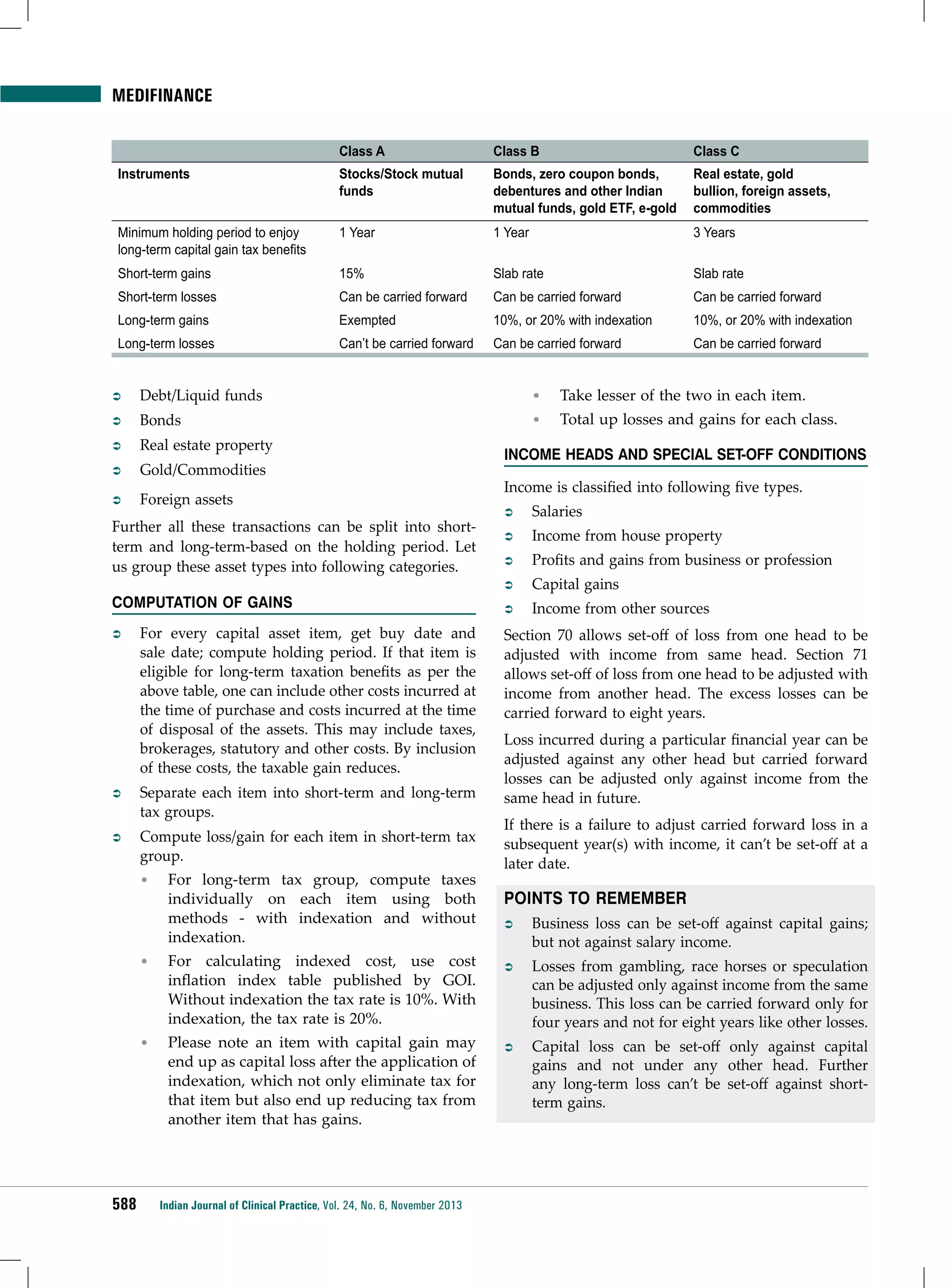 Medifinance
Class A

Class B

Class C

Instruments

Stocks/Stock mutual
funds

Bonds, zero coupon bonds,
debentures and other Indian
mutual funds, gold ETF, e-gold

Real estate, gold
bullion, foreign assets,
commodities

Minimum holding period to enjoy
long-term capital gain tax benefits

1 Year

1 Year

3 Years

Short-term gains

15%

Slab rate

Slab rate

Short-term losses

Can be carried forward

Can be carried forward

Can be carried forward

Long-term gains

Exempted

10%, or 20% with indexation

10%, or 20% with indexation

Long-term losses

Can’t be carried forward

Can be carried forward

Can be carried forward

ÂÂ

Debt/Liquid funds

•	

Take lesser of the two in each item.

ÂÂ

Bonds

•	

Total up losses and gains for each class.

ÂÂ

Real estate property

ÂÂ

Gold/Commodities

ÂÂ

Foreign assets

Income Heads and Special Set-off Conditions
Income is classified into following five types.

Computation of Gains
ÂÂ

For every capital asset item, get buy date and
sale date; compute holding period. If that item is
eligible for long-term taxation benefits as per the
above table, one can include other costs incurred at
the time of purchase and costs incurred at the time
of disposal of the assets. This may include taxes,
brokerages, statutory and other costs. By inclusion
of these costs, the taxable gain reduces.

ÂÂ

Separate each item into short-term and long-term
tax groups.

ÂÂ

Compute loss/gain for each item in short-term tax
group.
•	

For long-term tax group, compute taxes
individually on each item using both
methods - with indexation and without
indexation.

•	

•	

588

For calculating indexed cost, use cost
inflation index table published by GOI.
Without indexation the tax rate is 10%. With
indexation, the tax rate is 20%.
Please note an item with capital gain may
end up as capital loss after the application of
indexation, which not only eliminate tax for
that item but also end up reducing tax from
another item that has gains.

Indian Journal of Clinical Practice, Vol. 24, No. 6, November 2013

ÂÂ

Salaries

ÂÂ

Income from house property

ÂÂ

Profits and gains from business or profession

ÂÂ

Further all these transactions can be split into shortterm and long-term-based on the holding period. Let
us group these asset types into following categories.

Capital gains

ÂÂ

Income from other sources

Section 70 allows set-off of loss from one head to be
adjusted with income from same head. Section 71
allows set-off of loss from one head to be adjusted with
income from another head. The excess losses can be
carried forward to eight years.
Loss incurred during a particular financial year can be
adjusted against any other head but carried forward
losses can be adjusted only against income from the
same head in future.
If there is a failure to adjust carried forward loss in a
subsequent year(s) with income, it can’t be set-off at a
later date.

POINTS TO REMEMBER
ÂÂ

Business loss can be set-off against capital gains;
but not against salary income.

ÂÂ

Losses from gambling, race horses or speculation
can be adjusted only against income from the same
business. This loss can be carried forward only for
four years and not for eight years like other losses.

ÂÂ

Capital loss can be set-off only against capital
gains and not under any other head. Further
any long-term loss can’t be set-off against shortterm gains.

 
