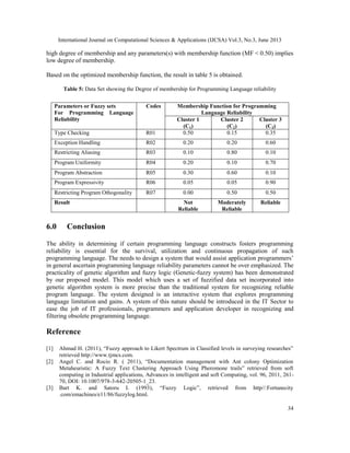 International Journal on Computational Sciences & Applications (IJCSA) Vol.3, No.3, June 2013
34
high degree of membership and any parameters(s) with membership function (MF < 0.50) implies
low degree of membership.
Based on the optimized membership function, the result in table 5 is obtained.
Table 5: Data Set showing the Degree of membership for Programming Language reliability
6.0 Conclusion
The ability in determining if certain programming language constructs fosters programming
reliability is essential for the survival, utilization and continuous propagation of such
programming language. The needs to design a system that would assist application programmers’
in general ascertain programming language reliability parameters cannot be over emphasized. The
practicality of genetic algorithm and fuzzy logic (Genetic-fuzzy system) has been demonstrated
by our proposed model. This model which uses a set of fuzzified data set incorporated into
genetic algorithm system is more precise than the traditional system for recognizing reliable
program language. The system designed is an interactive system that explores programming
language limitation and gains. A system of this nature should be introduced in the IT Sector to
ease the job of IT professionals, programmers and application developer in recognizing and
filtering obsolete programming language.
Reference
[1] Ahmad H. (2011), “Fuzzy approach to Likert Spectrum in Classified levels in surveying researches”
retrieved http://www.tjmcs.com.
[2] Angel C. and Rocio R. ( 2011), “Documentation management with Ant colony Optimization
Metaheuristic: A Fuzzy Text Clustering Approach Using Pheromone trails” retrieved from soft
computing in Industrial applications, Advances in intelligent and soft Computing, vol. 96, 2011, 261-
70, DOI: 10.1007/978-3-642-20505-1_23.
[3] Bart K. and Satoru I. (1993), “Fuzzy Logic”, retrieved from http//:Fortunecity
.com/emachines/e11/86/fuzzylog.html.
Parameters or Fuzzy sets
For Programming Language
Reliability
Codes Membership Function for Programming
Language Reliability
Cluster 1
(C1)
Cluster 2
(C2)
Cluster 3
(C3)
Type Checking R01 0.50 0.15 0.35
Exception Handling R02 0.20 0.20 0.60
Restricting Aliasing R03 0.10 0.80 0.10
Program Uniformity R04 0.20 0.10 0.70
Program Abstraction R05 0.30 0.60 0.10
Program Expressivity R06 0.05 0.05 0.90
Restricting Program Othogonality R07 0.00 0.50 0.50
Result Not
Reliable
Moderately
Reliable
Reliable
 