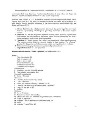 International Journal on Computational Sciences & Applications (IJCSA) Vol.3, No.3, June 2013
28
components: Rule-base, Data-base, Fuzzifier (transformation of crisp values into fuzzy set),
Inference and Defuzzifier (transformation of fuzzy set into crisp value).
Professor John Holland in 1975 proposed an attractive class of computational models, called
Genetic Algorithms (GA) that mimic the biological evolution process for solving problems in a
wide domain. Genetic algorithm is made-up of five main components namely (Amit, 1999 and
Zhang and Nguyen 1993).
a. Fitness Function: also called evaluation function, is the genetic algorithm component
that rate a potential by calculating how good they are relative to the current problem
domain.
b. Selection: is a way for the genetic algorithm to move toward promising regions in the
search space. The individual with the highest fitness are selected and they will have a
higher probability of survival to the next generation
c. Mutation: is a genetic operator that changes one or more gene values in a chromosome.
The mutation process helps to overcome trapping at local maxima. The offspring’s
produced by the genetic manipulation process are the next population to be evaluated.
d. Crossover: Exchanging Chromosomes portions of genetic materials.
e. Reproduction: Birth of a new generation
Proposed Pseudo-code for Genetic Algorithm (Obi and Imianvan, 2013)
Input:
Size of population (k)
Rate of mutation (v)
Rate of crossover (c)
Number of iteration (n)
Number of crossover (nc)
Number of mutation (nm)
// Initialization
1. Randomly generate K possible solution;
2. Save solution in population Kok;
// Loop till terminal point
3. For m = 1 to n do;
// Crossover
4. Number of crossover nc = (k –nm)/2;
5. For u = 1 to n do;
6. Select two solutions randomly EA and FG for K;
7. generate GV and HN by two-point cross to EA and FG;
8. Save GV and HN to K2;
9. end for;
//Mutation
10. for u = 1 to n do;
11. Selection a solution Yh from K2;
12. Mutate each bit of Yh under nm and generate a new solution Yhi
13. If Yhi is impossibe
14. renovate Yhi with possible solution by modifying Yhi
15. end if
16. renovate Yh with Yhi in K2
 