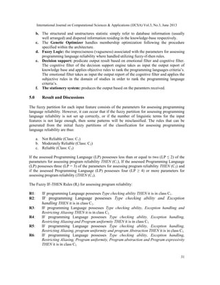 International Journal on Computational Sciences & Applications (IJCSA) Vol.3, No.3, June 2013
31
b. The structured and unstructures statistic simply refer to database information (usually
well arranged) and dispered information residing in the knowledge-base respectively.
c. The Genetic Optimizer handles membership optimization following the procedure
specified within the architecture.
d. Fuzzy Logic: the impreciseness (vagueness) associated with the parameters for assessing
programming language reliability where handled utilizing fuzzy-if-then rules.
e. Decision support: predicate output result based on emotional filter and cognitive filter.
The cognitive filter of the decision support engine takes as input the output report of
knowledge base and applies objective rules to rank the programming languages criteria’s.
The emotional filter takes as input the output report of the cognitive filter and applies the
subjective rules in the domain of studies in order to rank the programming language
criteria’s.
f. The stationery system: produces the output based on the paramters received.
5.0 Result and Discussions
The fuzzy partition for each input feature consists of the parameters for assessing programming
language reliability. However, it can occur that if the fuzzy partition for assessing programming
language reliability is not set up correctly, or if the number of linguistic terms for the input
features is not large enough, then some patterns will be misclassified. The rules that can be
generated from the initial fuzzy partitions of the classification for assessing programming
language reliability are thus:
a. Not Reliable (Class: C1)
b. Moderately Reliable (Class: C2)
c. Reliable (Class: C3)
If the assessed Programming Language (LP) possesses less than or equal to two (LP ≤ 2) of the
parameters for assessing program reliability THEN (C1), If the assessed Programming Language
(LP) possesses three (LP = 3) of the parameters for assessing program reliability THEN (C2) and
if the assessed Programming Language (LP) possesses four (LP ≥ 4) or more parameters for
assessing program reliability (THEN (C3).
The Fuzzy IF-THEN Rules (Ri) for assessing program reliability:
R1: IF programming Language possesses Type checking ability THEN it is in class C1.
R2: IF programming Language possesses Type checking ability and Exception
handling THEN it is in class C1.
R3: IF programming Language possesses Type checking ability, Exception handling and
Restricting Aliasing THEN it is in class C2.
R4: IF programming Language possesses Type checking ability, Exception handling,
Restricting Aliasing and Program uniformity THEN it is in class C3.
R5: IF programming Language possesses Type checking ability, Exception handling,
Restricting Aliasing, program uniformity and program Abstraction THEN it is in class C3.
R6: IF programming Language possesses Type checking ability, Exception handling,
Restricting Aliasing, Program uniformity, Program abstraction and Program expressivity
THEN it is in class C3
 