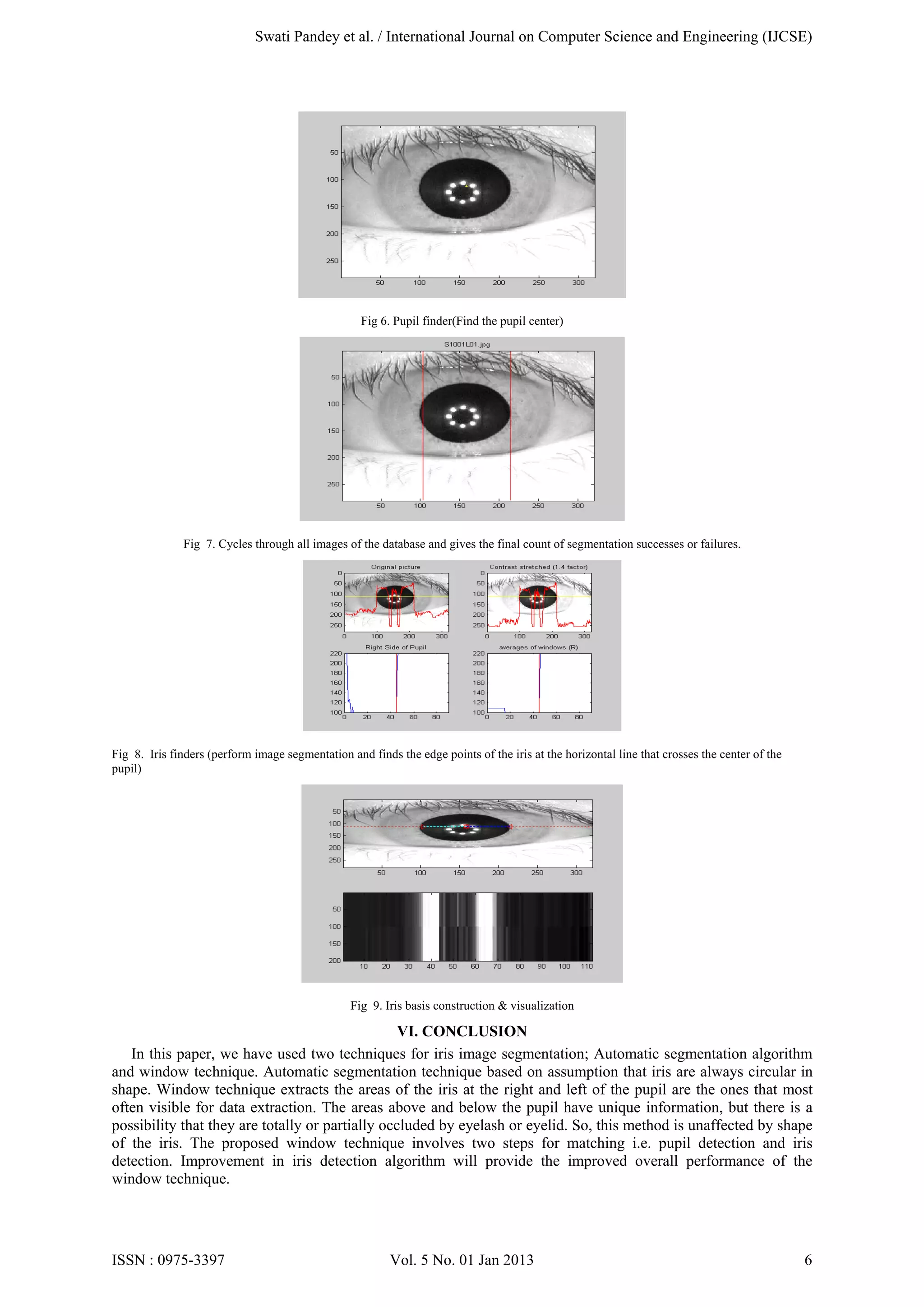 Swati Pandey et al. / International Journal on Computer Science and Engineering (IJCSE)

Fig 6. Pupil finder(Find the pupil center)

Fig 7. Cycles through all images of the database and gives the final count of segmentation successes or failures.

Fig 8. Iris finders (perform image segmentation and finds the edge points of the iris at the horizontal line that crosses the center of the
pupil)

Fig 9. Iris basis construction & visualization

VI. CONCLUSION
In this paper, we have used two techniques for iris image segmentation; Automatic segmentation algorithm
and window technique. Automatic segmentation technique based on assumption that iris are always circular in
shape. Window technique extracts the areas of the iris at the right and left of the pupil are the ones that most
often visible for data extraction. The areas above and below the pupil have unique information, but there is a
possibility that they are totally or partially occluded by eyelash or eyelid. So, this method is unaffected by shape
of the iris. The proposed window technique involves two steps for matching i.e. pupil detection and iris
detection. Improvement in iris detection algorithm will provide the improved overall performance of the
window technique.

ISSN : 0975-3397

Vol. 5 No. 01 Jan 2013

6

 