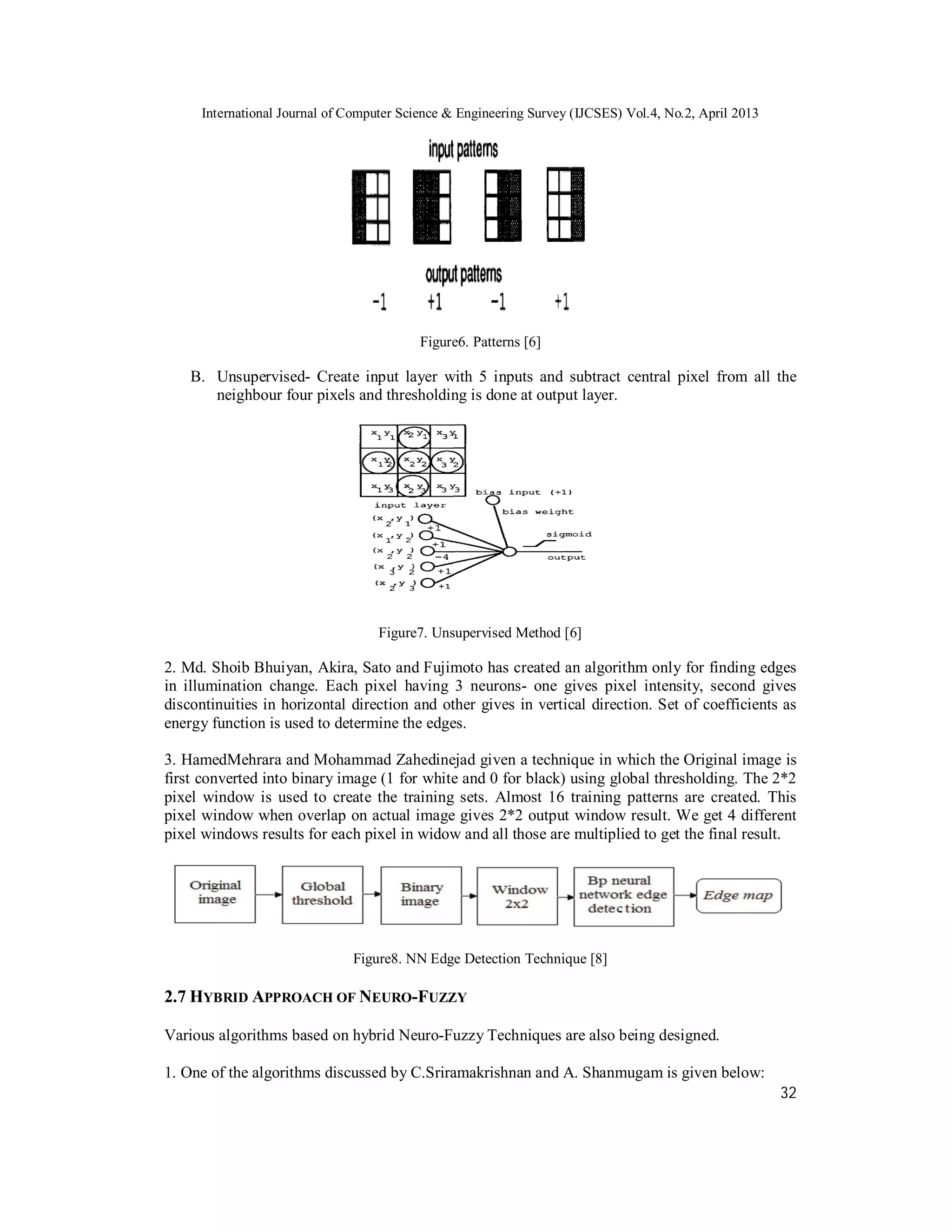 International Journal of Computer Science & Engineering Survey (IJCSES) Vol.4, No.2, April 2013
32
Figure6. Patterns [6]
B. Unsupervised- Create input layer with 5 inputs and subtract central pixel from all the
neighbour four pixels and thresholding is done at output layer.
Figure7. Unsupervised Method [6]
2. Md. Shoib Bhuiyan, Akira, Sato and Fujimoto has created an algorithm only for finding edges
in illumination change. Each pixel having 3 neurons- one gives pixel intensity, second gives
discontinuities in horizontal direction and other gives in vertical direction. Set of coefficients as
energy function is used to determine the edges.
3. HamedMehrara and Mohammad Zahedinejad given a technique in which the Original image is
first converted into binary image (1 for white and 0 for black) using global thresholding. The 2*2
pixel window is used to create the training sets. Almost 16 training patterns are created. This
pixel window when overlap on actual image gives 2*2 output window result. We get 4 different
pixel windows results for each pixel in widow and all those are multiplied to get the final result.
Figure8. NN Edge Detection Technique [8]
2.7 HYBRID APPROACH OF NEURO-FUZZY
Various algorithms based on hybrid Neuro-Fuzzy Techniques are also being designed.
1. One of the algorithms discussed by C.Sriramakrishnan and A. Shanmugam is given below:
 