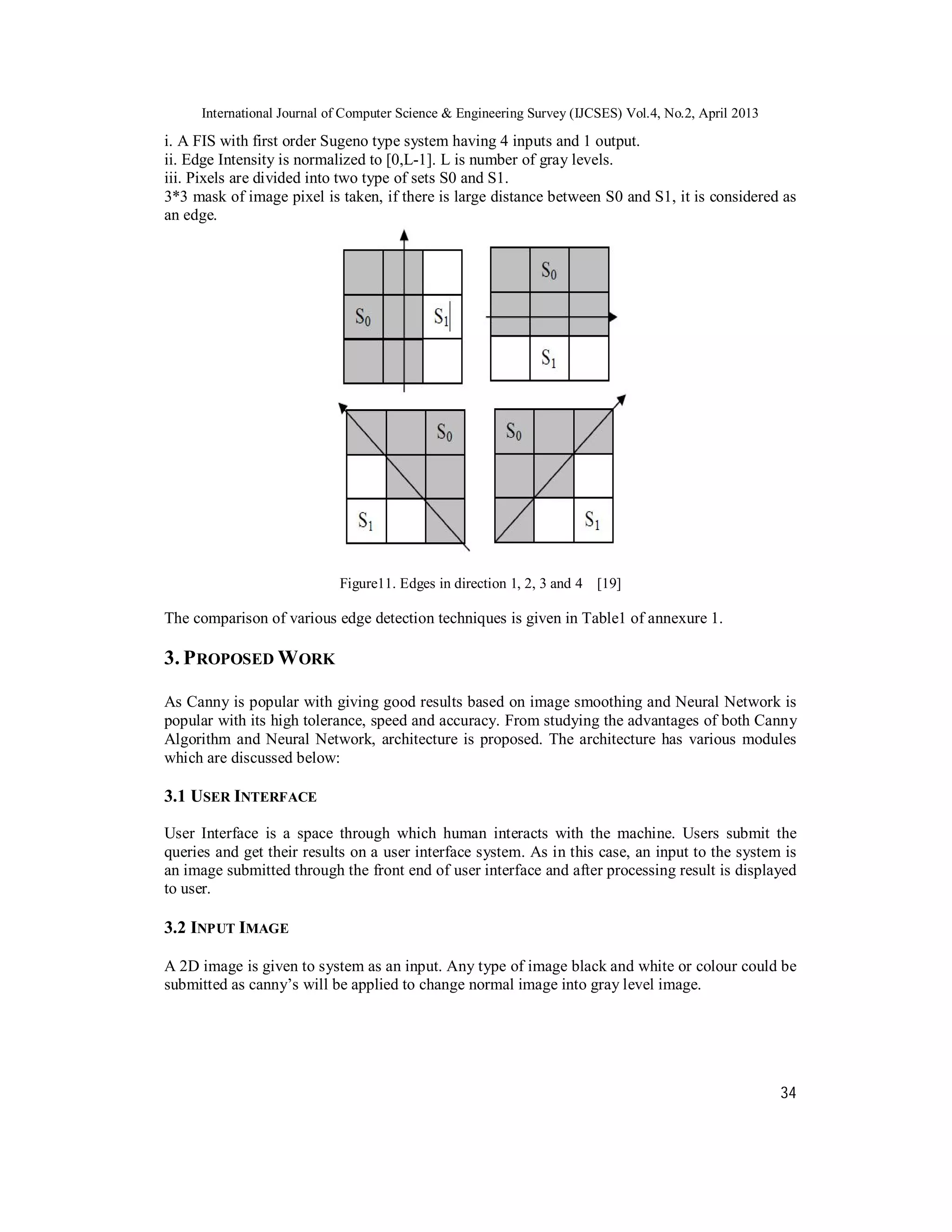 International Journal of Computer Science & Engineering Survey (IJCSES) Vol.4, No.2, April 2013
34
i. A FIS with first order Sugeno type system having 4 inputs and 1 output.
ii. Edge Intensity is normalized to [0,L-1]. L is number of gray levels.
iii. Pixels are divided into two type of sets S0 and S1.
3*3 mask of image pixel is taken, if there is large distance between S0 and S1, it is considered as
an edge.
Figure11. Edges in direction 1, 2, 3 and 4 [19]
The comparison of various edge detection techniques is given in Table1 of annexure 1.
3. PROPOSED WORK
As Canny is popular with giving good results based on image smoothing and Neural Network is
popular with its high tolerance, speed and accuracy. From studying the advantages of both Canny
Algorithm and Neural Network, architecture is proposed. The architecture has various modules
which are discussed below:
3.1 USER INTERFACE
User Interface is a space through which human interacts with the machine. Users submit the
queries and get their results on a user interface system. As in this case, an input to the system is
an image submitted through the front end of user interface and after processing result is displayed
to user.
3.2 INPUT IMAGE
A 2D image is given to system as an input. Any type of image black and white or colour could be
submitted as canny’s will be applied to change normal image into gray level image.
 