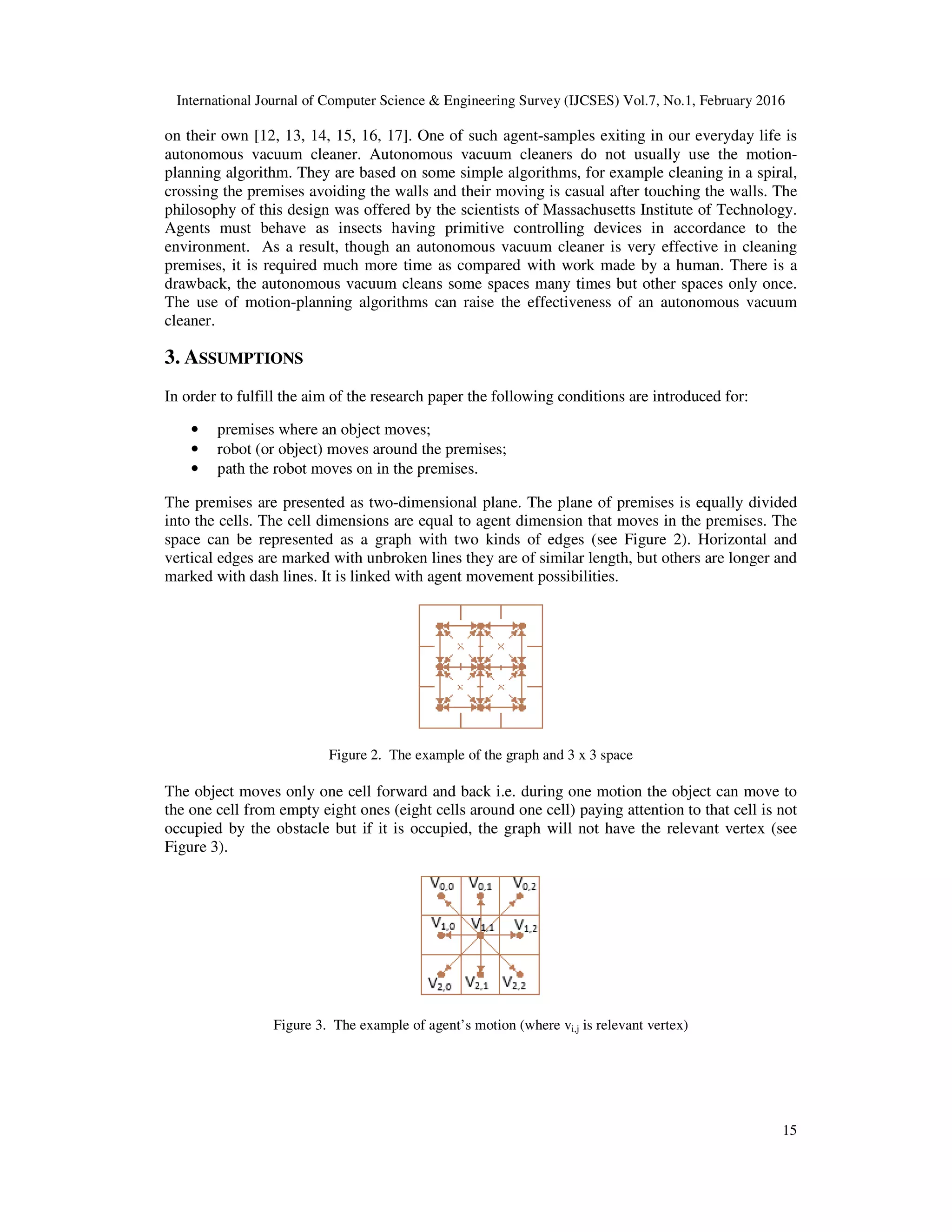 International Journal of Computer Science & Engineering Survey (IJCSES) Vol.7, No.1, February 2016
15
on their own [12, 13, 14, 15, 16, 17]. One of such agent-samples exiting in our everyday life is
autonomous vacuum cleaner. Autonomous vacuum cleaners do not usually use the motion-
planning algorithm. They are based on some simple algorithms, for example cleaning in a spiral,
crossing the premises avoiding the walls and their moving is casual after touching the walls. The
philosophy of this design was offered by the scientists of Massachusetts Institute of Technology.
Agents must behave as insects having primitive controlling devices in accordance to the
environment. As a result, though an autonomous vacuum cleaner is very effective in cleaning
premises, it is required much more time as compared with work made by a human. There is a
drawback, the autonomous vacuum cleans some spaces many times but other spaces only once.
The use of motion-planning algorithms can raise the effectiveness of an autonomous vacuum
cleaner.
3. ASSUMPTIONS
In order to fulfill the aim of the research paper the following conditions are introduced for:
• premises where an object moves;
• robot (or object) moves around the premises;
• path the robot moves on in the premises.
The premises are presented as two-dimensional plane. The plane of premises is equally divided
into the cells. The cell dimensions are equal to agent dimension that moves in the premises. The
space can be represented as a graph with two kinds of edges (see Figure 2). Horizontal and
vertical edges are marked with unbroken lines they are of similar length, but others are longer and
marked with dash lines. It is linked with agent movement possibilities.
Figure 2. The example of the graph and 3 x 3 space
The object moves only one cell forward and back i.e. during one motion the object can move to
the one cell from empty eight ones (eight cells around one cell) paying attention to that cell is not
occupied by the obstacle but if it is occupied, the graph will not have the relevant vertex (see
Figure 3).
Figure 3. The example of agent’s motion (where vi,j is relevant vertex)
 