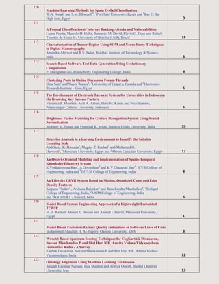 110
Machine Learning Methods for Spam E-Mail Classification
W.A. Awad1
and S.M. ELseuofi2
, 1
Port Said University, Egypt and 2
Ras El Bar
High inst., Egypt 0
111
A Formal Classification of Internet Banking Attacks and Vulnerabilities
Laerte Peotta, Marcelo D. Holtz, Bernardo M. David, Flavio G. Deus and Rafael
Timoteo de Sousa Jr., University of Brasilia (UnB), Brazil 18
112
Characterization of Tumor Region Using SOM and Neuro Fuzzy Techniques
in Digital Mammography
Anamika Ahirwar and R.S. Jadon, Madhav Institute of Technology & Science,
India 6
113
Search-Based Software Test Data Generation Using Evolutionary
Computation
P. Maragathavalli, Pondicherry Engineering College, India 9
114
Clustering Posts in Online Discussion Forum Threads
Dina Said1
and Nayer Wanas2
, 1
University of Calgary, Canada and 2
Electronics
Research Institute - Giza, Egypt 6
115
The Development of Electronic Payment System for Universities in Indonesia:
On Resolving Key Success Factors
Veronica S. Moertini, Asdi A. Athuri, Hery M. Kemit and Nico Saputro,
Parahyangan Catholic University, Indonesia 5
116
Brightness Factor Matching for Gesture Recognition System Using Scaled
Normalization
Mokhtar M. Hasan and Pramoud K. Misra, Banaras Hindu University, India 39
117
Behavior Analysis in a learning Environment to Identify the Suitable
Learning Style
Abdelaziz. K. Hamada1
, Magdy. Z. Rashad1
and Mohamed.G.
Darwesh2
, 1
Mansoura University, Egypt and 2
Ahram Canadian University, Egypt 17
118
An Object-Oriented Modeling and Implementation of Spatio-Temporal
Knowledge Discovery System
K.Venkateswara Rao1
, A.Govardhan2
and K.V.Chalapati Rao1
, 1
CVR College of
Engineering, India and 2
JNTUH College of Engineering, India 8
119
An Effective CBVR System Based on Motion, Quantized Color and Edge
Density Features
Kalpana Thakre1
, Archana Rajurkar2
and Ramchandra Manthalkar3
, 1
Sinhgad
College of Engineering, India, 2
MGM College of Engineering, India
and 3
SGGSIE&T - Nanded, India 5
120
Model Based System Engineering Approach of a Lightweight Embedded
TCP/IP
M. Z. Rashed, Ahmed E. Hassan and Ahmed I. Sharaf, Mansoura University,
Egypt 1
121
Model-Based Factors to Extract Quality Indications in Software Lines of Code
Mohammed Abdullah H. Al-Hagery, Qassim University, KSA 3
122
Wavelet Based Spectrum Sensing Techniques for CogKarthik Divakaran,
Naveen Manikandan P and Shri Hari R R, Amrita Vishwa Vidyapeetham,
Indianitive Radio - A Survey
Karthik Divakaran, Naveen Manikandan P and Shri Hari R R, Amrita Vishwa
Vidyapeetham, India 12
123
Ontology Alignment Using Machine Learning Techniques
Azadeh Haratian Nejhadi, Bita Shadgar and Alireza Osareh, Shahid Chamran
University, Iran 13
 