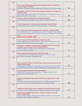 165
DNA Lossless Differential Compression Alogorithm Based on Similarity of
Genomic Sequence Database
Heba Afify, Muhammad Islam and Manal Abdel Wahed, Cairo University, Egypt 11
166
Performance Analysis Of Various Data Mining Classification Techniques On
Healthcare Data
Shelly Gupta1
, Dharminder Kumar2
and Anand Sharma2
, 1
Banasthali University,
India and 2
GJUS&T - Hisar, India 27
167
Towards A Model Of Maturity For Is Risk Management
Mina Elmaallam and Abdelaziz Kriouile, ENSIAS - Rabat, MOROCCO 12
168
A Fuzzy Approach For Clustering Gene Expression Time Series Data
Sadiq Hussain and G.C. Hazarika, Dibrugarh University - Assam, India 1
169
Novel Apporach for Speech Recognition by Using Self - Organized Maps
R.L.K.Venkateswarlu1
, R. Vasantha Kumari2
and A.K.V.Nagayya1
, 1
Sasi Institute
of Technology and Engineering, India and 2
Perunthalaivar Kamarajar Arts College,
India 9
Special Issue on "ICCSEA - 2011"
170
A New Trusted Third-Party Billing For Mobile Networks
Supriya Chakraborty1
and Nabendu Chaki2
, 1
JIS College of engineering - West
Bengal, India and 2
University of Calcutta, India 0
171
Performance Evaluation And Impact Of Weighting Factors On An Energy
And Delay Aware Dynamic Source Routing Protocol
Jihen Drira Rekik, Leila Baccouche and Henda Ben Ghezala,Manouba
University,Manouba, Tunisia 5
172
Indian Languages IR using Latent Semantic Indexing
A.P.SivaKumar1
, P.Premchand2
and A.Govardhan1
, 1
JNTUACE, India
and 2
Osmania University - Hyderabad, India 6
173
Active Controller Design For Global Choas Anti-Synchronization Of Li and
Tigan Chaotic Systems
Sundarapandian Vaidyanathan1
and Karthikeyan Rajagopal2
, 1
Vel Tech Dr. RR &
Dr. SR Technical University, India and 2
Singhania University Rajasthan, India
11
174
It Security Issues Within the Video Game Industry
Stephen Mohr1
and Syed (Shawon) Rahman1,2
, 1
Capella University, USA
and 2
University of Hawaii-Hilo, USA 9
175
Adaptive Beamforming Algorithm for Interference Suppression in GNSS
Receivers
Zhao hongwei1
, Lian Baowang1
and Feng Juan1,2
, 1
Northwestern Polytechnical
University, China, 2
KIT- Karlsruhe Institute of Technology, Germany 58
176
Minimize the False Positive Rate in a Database Intrusion Detection System
A. Rezk, H. Ali, M. El-Mikkawy and S. Barakat, Mansoura University, Egypt 4
177
Design Pattern Management System: A Support Tool Based on Design
Patterns Applicability
Zakaria Moudam, Radouan Belhissi and Noureddine Chenfour, University Sidi
Mohammed Ben Abdellah Fez, Morocco 0
 