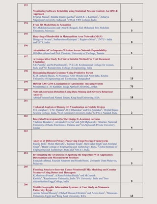 193
Monitoring Software Reliability using Statistical Process Control: An MMLE
Approach
R Satya Prasad1
, Bandla Sreenivasa Rao2
and R.R. L Kantham1
, 1
Acharya
Nagarjuna University, India and 2
VRS & YRN College, India 3
194
From 3D Model Data to Semantics
My Abdellah Kassimi and Omar El beqqali, Sidi Mohamed Ben Abdellah
University, Morocco 3
195
Recycling of Bandwidth in Metropolitan Area Networks(MAN)
Bhargava Devana1
, Sudharshana Kristipati 1
, Raghava Nirati2
, 1
JNTU - India
and 2
JITS, India 0
196
Adaptation AC to Improve Wireless Access Network Dependability
Olfa Ben Ahmed and Zied Choukair, University of Carthage, Tunisia 1
197
A Comparative Study To Find A Suitable Method For Text Document
Clustering
S.C.Punitha1
and M.Punithavalli2
, 1
P.S.G.R. Krishnammal College for women,
India and 2
Sri Ramakrishna College of engineering, India 2
198
Recognizing Bangla Grammar Using Predictive Parser
K.M. Azharul Hasan, Al-Mahmud, Amit Mondal and Amit Saha, Khulna
University of Engineering and Technology, Bangladesh 15
199
Hybrid GPS-GSM Localization of Automobile Tracking System
Mohammad A. Al-Khedher, Balqa Applied University, Jordan 75
200
Network Intrusion Detection Using Data Mining and Network Behaviour
Analysis
Ahmed Youssef and Ahmed Emam, King Saud University, KSA 18
201
Technical Analysis of Remote 3D Visualization on Mobile Devices
U.S. Junghare1
, V.M. Thakare2
, R.V.Dharaskar3
and S.S. Sherekar2
, 1
Brijlal Biyani
Science College, India, 2
SGB Amravati University, India 3
M.P.G.I. Nanded, India 2
202
Integrated Environment for Developing E-Learning Lectures
Vladimir Bondarev1
, Alexander Ossyka2
and Afif Mghawish1
, 1
Kharkov National
University of Radio Electronics, Ukraine and 2
Al-Zaytoonah Private University,
Jordan 4
203
Analysis of Different Privacy Preserving Cloud Storage Frameworks
Rajeev Bedi1
, Mohit Marwaha1
, Tajinder Singh2
, Harwinder Singh3
and Amritpal
Singh1
, 1
Beant College of Engineering and Technology, India, 2
Global Institute of
Engineering and Technology, India and 3
SSCET, India 7
204
Investigating the Awareness of Applying the Important Web Application
Development and Measurement Practices
Faudziah Ahmad, Fauziah Baharom and Moath Husni, Universiti Utara Malaysia,
Malaysia 3
205
Flooding Attacks to Internet Threat Monitors(ITM): Modeling and Counter
Measures Using Botnet and Honeypots
K.Munivara Prasad1
, A.Rama Mohan Reddy2
and M.Ganesh
Karthik3
, 1
Rayalaseema University, India 2
SV University, India and 3
Sree
vidyanikethan Engg.College, India 9
206
Mobile Geographic Information Systems: A Case Study on Mansoura
University, Egypt
Asmaa Ahmed Hussein1
, Elkhedr Hassan Eibrahim2
and Aziza Asem1
, 1
Mansoura
University, Egypt and 2
King Saud University, KSA 12
 
