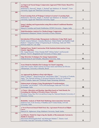 207
An Improved Neural Image Compression Approach With Cluster Based Pre-
Processing
Mohamed.G. Darwesh1
, Magdy. Z. Rashad2
and Abdelaziz. K. Hamada2
, 1
Cairo
University, Egypt and 2
Mansoura University, Egypt 0
208
From Learning Style of Webpage Content to Learner's Learning Style
Mohamed.G. Darwesh1
, Magdy. Z. Rashad2
and Abdelaziz. K. Hamada2
, 1
Cairo
University, Egypt and 2
Mansoura University, Egypt 7
209
Image Labeling and Segmentation using Hierarchical Conditional Random
Field Model
Manoj K.Vairalkar and Sonali.Nimbhorkar, RTMN University - Nagpur, India 0
210
Multi-Resolution Analysis For Medical Image Compression
Mohammed Alhanjouri, Islamic University of Gaza, Palestine 3
211
Introduction Of Knowledge Management Architecture Using Multi Agent
Sheikh Amanur Rahman1
, Anamika Bhardwaj1
, Mukul Pathak1
and Shobhit Singh
Rathore2
, 1
Galgotias College of Engineering & Technology, India and 2
SDG
Software India Pvt. Ltd, India 8
212
Optimal Fuzzy Model Construction With Statistical Information Using
Genetic Algorithm
Md. Amjad Hossain1
, Pintu Chandra Shill2
, Bishnu Sarker1
and Kazuyuki
Murase2
, 1
KUET, Bangladesh and 2
University of Fukui, Japan 2
213
Edge Detection Techniques For Image Segmentation
Muthukrishnan.R and M.Radha, Bharathiar University, India 61
2012
214
Trust Model for Reliable File Exchange In Cloud Computing
Edna Dias Canedo, Rafael Timoteo de Sousa Junior and Robson de Oliveira
Albuquerque, University of Brasilia, Brazil 15
215
An Approach for Robots to Deal with Objects
Sidiq S. Hidayat1,3
, Bong Keung Kim2
and Kohtaro Ohba2
, 1
University of Tsukuba,
Japan, 2
The National Institute of Advanced Industrial Science & Technology
(AIST) Tsukuba, Japan and 3
Politeknik Negeri Semarang, Indonesia 7
216
Enhancement of Images Using Morphological Transformations
K.Sreedhar1
and B.Panlal2
, 1
VITS (N9) Karimnagar, India and 2
VCE (S4)
Karimnagar, India 48
217
A Cluster Allocation and Routing Algorithm based on Node Density for
Extending the Lifetime of Wireless Sensor Networks
Wernhuar Tarng, Hao-Wei Lin and Kuo-Liang Ou, National Hsinchu University of
Education, Taiwan 12
218
Reliability Analysis of Multi Path Multistage Interconnection Networks
Sudarson Jena, G.Sri Sowmya, P.Radhika and P.Venkat Reddy, GITAM
University, India 4
219
A Novel Password based Multi Party Key Agreement Protocol on Elliptic
Curve
Daniyal M. Alghazzawi, King Abdulaziz University, Saudi Arabia 2
220
An Effective Model for Improving the Quality of Recommender Systems in
Mobile E-Tourism
Masoumeh Mohammadnezhad1
and Mehregan Mahdavi2
, 1
Islamic Azad
University, Iran and 2
University of Guilan, Iran 8
 