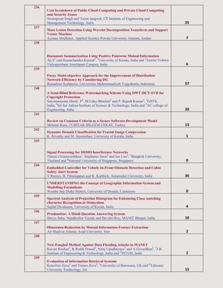 236
Cost breakdown of Public Cloud Computing and Private Cloud Computing
and Security Issues
Swarnpreet Singh and Tarun Jangwal, CT Institute of Engineering and
Management Technology, India 25
237
Mass Lesion Detection Using Wavelet Decomposition Transform and Support
Vector Machine
Ayman AbuBaker, Applied Science Private University Amman, Jordan 7
238
Document Summarization Using Positive Pointwise Mutual Information
Aji S1
and Ramachandra Kaimal2
, 1
University of Kerala, India and 2
Amrita Vishwa
Vidyapeetham Amritapuri Campus, India 6
239
Fuzzy Multi-objective Approach for the Improvement of Distribution
Network Efficiency by Considering DG
Ramadoni Syahputra, Universitas Muhammadiyah Yogyakarta, Indonesia 57
240
A Semi-Blind Reference Watermarking Scheme Using DWT-DCT-SVD for
Copyright Protection
Satyanarayana Murty. P1
, M.Uday Bhaskar2
and P. Rajesh Kumar3
, 1
GIITS,
India, 2
Sri Sai Aditya Institute of Science & Technology, India and 3
AU college of
Engineering, India 20
241
Review on Common Criteria as a Secure Software Development Model
Mehmet Kara, TUBITAK BILGEM UEKAE, Turkey 13
242
Dynamic Domain Classification for Fractal Image Compression
K. Revathy and M. Jayamohan, University of Kerala, India 1
243
Signal Processing for MIMO Interference Networks
Thanat Chiamwichtkun1
, Stephanie Soon2
and Ian Lim2
, 1
Bangkok University,
Thailand and 2
National University of Singapore, Singapore 0
244
Embedded Controller for Vehicle In-Front Obstacle Detection and Cabin
Safety Alert System
V.Ramya, B. Palaniappan and K. Karthick, Annamalai University, India 36
UNDERSTANDING the Concept of Geographic Information System and
Modelling Formalisms
Wembe Sop Diake Hubert, University of Douala, Cameroon 0
245
Spectral Analysis of Projection Histogram for Enhancing Close matching
character Recognition in Malayalam
Sajilal Divakaran, University of Kerala, India 4
246
Prashnottar: A Hindi Question Answering System
Shriya Sahu, Nandkishor Vasnik and Devshri Roy, MANIT Bhopal, India 10
247
Dimension Reduction by Mutual Information Feature Extraction
Ali Shadvar, Islamic Azad University, Iran 2
248
New-Fangled Method Against Data Flooding Attacks in MANET
Kavuri Roshan1
, K.Reddi Prasad1
, Niraj Upadhayaya1
and A.Govardhan2
, 1
J.B.
Institute of Engineering & Technology, India and 2
JNTUH, India 2
249
Evaluation of Information Retrieval Systems
Keneilwe Zuva1
and Tranos Zuva2
, 1
University of Botswana, UK and 2
Tshwane
University Technology, SA 15
 