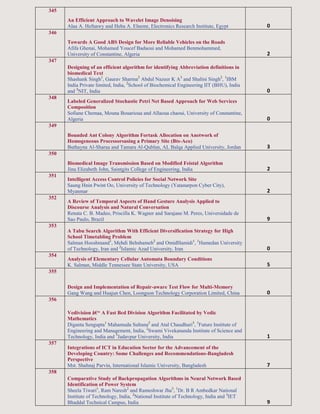 345
An Efficient Approach to Wavelet Image Denoising
Alaa A. Hefnawy and Heba A. Elnemr, Electronics Research Institute, Egypt 0
346
Towards A Good ABS Design for More Reliable Vehicles on the Roads
Afifa Ghenai, Mohamed Youcef Badaoui and Mohamed Benmohammed,
University of Constantine, Algeria 2
347
Designing of an efficient algorithm for identifying Abbreviation definitions in
biomedical Text
Shashank Singh1
, Gaurav Sharma2
Abdul Nazeer K A3
and Shalini Singh2
, 1
IBM
India Private limited, India, 2
School of Biochemical Engineering IIT (BHU), India
and 3
NIT, India 0
348
Labeled Generalized Stochastic Petri Net Based Approach for Web Services
Composition
Sofiane Chemaa, Mouna Bouarioua and Allaoua chaoui, University of Constantine,
Algeria 0
349
Bounded Ant Colony Algorithm Fortask Allocation on Anetwork of
Homogeneous Processorsusing a Primary Site (Bts-Aco)
Buthayna Al-Sharaa and Tamara Al-Qublan, AL Balqa Applied University, Jordan 3
350
Biomedical Image Transmission Based on Modified Feistal Algorithm
Jinu Elizabeth John, Saintgits College of Engineering, India 2
351
Intelligent Access Control Policies for Social Network Site
Saung Hnin Pwint Oo, University of Technology (Yatanarpon Cyber City),
Myanmar 2
352
A Review of Temporal Aspects of Hand Gesture Analysis Applied to
Discourse Analysis and Natural Conversation
Renata C. B. Madeo, Priscilla K. Wagner and Sarajane M. Peres, Universidade de
Sao Paulo, Brazil 9
353
A Tabu Search Algorithm With Efficient Diversification Strategy for High
School Timetabling Problem
Salman Hooshmand1
, Mehdi Behshameh2
and OmidHamidi1
, 1
Hamedan University
of Technology, Iran and 2
Islamic Azad University, Iran 0
354
Analysis of Elementary Cellular Automata Boundary Conditions
K. Salman, Middle Tennessee State University, USA 5
355
Design and Implementation of Repair-aware Test Flow for Multi-Memory
Gang Wang and Huajun Chen, Loongson Technology Corporation Limited, China 0
356
Vedivision â€“ A Fast Bcd Division Algorithm Facilitated by Vedic
Mathematics
Diganta Sengupta1
Mahamuda Sultana2
and Atal Chaudhuri3
, 1
Future Institute of
Engineering and Management, India, 2
Swami Vivekananda Institute of Science and
Technology, India and 3
Jadavpur University, India 1
357
Integrations of ICT in Education Sector for the Advancement of the
Developing Country: Some Challenges and Recommendations-Bangladesh
Perspective
Mst. Shahnaj Parvin, International Islamic University, Bangladesh 7
358
Comparative Study of Backpropagation Algorithms in Neural Network Based
Identification of Power System
Sheela Tiwari1
, Ram Naresh2
and Rameshwar Jha3
, 1
Dr. B R Ambedkar National
Institute of Technology, India, 2
National Institute of Technology, India and 3
IET
Bhaddal Technical Campus, India 9
 