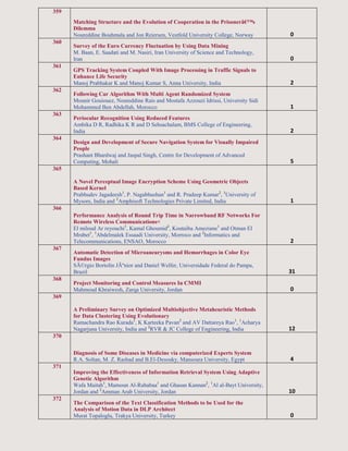 359
Matching Structure and the Evolution of Cooperation in the Prisonerâ€™s
Dilemma
Noureddine Bouhmala and Jon Reiersen, Vestfold University College, Norway 0
360
Survey of the Euro Currency Fluctuation by Using Data Mining
M. Baan, E. Saadati and M. Nasiri, Iran University of Science and Technology,
Iran 0
361
GPS Tracking System Coupled With Image Processing in Traffic Signals to
Enhance Life Security
Manoj Prabhakar K and Manoj Kumar S, Anna University, India 2
362
Following Car Algorithm With Multi Agent Randomized System
Mounir Gouiouez, Noureddine Rais and Mostafa Azzouzi Idrissi, University Sidi
Mohammed Ben Abdellah, Morocco 1
363
Periocular Recognition Using Reduced Features
Ambika D R, Radhika K R and D Sehsachalam, BMS College of Engineering,
India 2
364
Design and Development of Secure Navigation System for Visually Impaired
People
Prashant Bhardwaj and Jaspal Singh, Centre for Development of Advanced
Computing, Mohali 5
365
A Novel Perceptual Image Encryption Scheme Using Geometric Objects
Based Kernel
Prabhudev Jagadeesh1
, P. Nagabhushan1
and R. Pradeep Kumar2
, 1
University of
Mysore, India and 2
Amphisoft Technologies Private Limited, India 1
366
Performance Analysis of Round Trip Time in Narrowband RF Networks For
Remote Wireless Communications<
El miloud Ar reyouchi1
, Kamal Ghoumid2
, Koutaiba Ameziane1
and Otman El
Mrabet1
, 1
Abdelmalek Essaadi University, Morroco and 2
Informatics and
Telecommunications, ENSAO, Morocco 2
367
Automatic Detection of Microaneurysms and Hemorrhages in Color Eye
Fundus Images
SÃ©rgio Bortolin JÃºnior and Daniel Welfer, Universidade Federal do Pampa,
Brazil 31
368
Project Monitoring and Control Measures In CMMI
Mahmoud Khraiwesh, Zarqa University, Jordan 0
369
A Preliminary Survey on Optimized Multiobjective Metaheuristic Methods
for Data Clustering Using Evolutionary
Ramachandra Rao Kurada1
, K Karteeka Pavan2
and AV Dattareya Rao1
, 1
Acharya
Nagarjuna University, India and 2
RVR & JC College of Engineering, India 12
370
Diagnosis of Some Diseases in Medicine via computerized Experts System
R.A. Soltan, M. Z. Rashad and B.El-Desouky, Mansoura University, Egypt 4
371
Improving the Effectiveness of Information Retrieval System Using Adaptive
Genetic Algorithm
Wafa Maitah1
, Mamoun Al-Rababaa1
and Ghasan Kannan2
, 1
Al al-Bayt University,
Jordan and 2
Amman Arab University, Jordan 10
372
The Comparison of the Text Classification Methods to be Used for the
Analysis of Motion Data in DLP Architect
Murat Topaloglu, Trakya University, Turkey 0
 