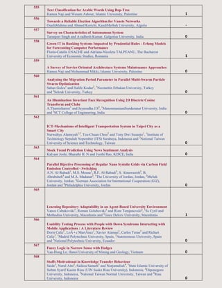555
Text Classification for Arabic Words Using Rep-Tree
Hamza Naji and Wesam Ashour, Islamic University, Palestine 1
556
Towards a Reliable Election Algorithm for Vanets Networks
OuafaMahma and Ahmed Korichi, KasdiMerbah University, Algeria -
557
Survey on Characteristics of Autonomous System
Taranjeet Singh and Avadhesh Kumar, Galgotias University, India 0
558
Green IT in Banking Systems Impacted by Prudential Rules - Erlang Models
for Forecasting Computer Performance
Florin-Catalin ENACHE and Adriana-Nicoleta TALPEANU, The Bucharest
University of Economic Studies, Romania 1
559
A Survey of Service Oriented Architecture Systems Maintenance Approaches
Hamza Naji and Mohammad Mikki, Islamic University, Palestine 0
560
Analysing the Migration Period Parameter in Parallel Multi-Swarm Particle
Swarm Optimization
Saban Gulcu1
and Halife Kodaz2
, 1
Necmettin Erbakan University, Turkey
and 2
Selcuk University, Turkey 0
561
An Illumination Invariant Face Recognition Using 2D Discrete Cosine
Transform and Clahe
A.Thamizharasi1
and Jayasudha J.S2
, 1
ManonmaniamSundaranar University, India
and 2
SCT College of Engineering, India 0
562
ICT-Mechanisms of Intelligent Transportation System in Taipei City as a
Smart City
Nurwahyu Alamsyah1,2
, Tzu-Chuan Chou2
and Tony Dwi Susanto1
, 1
Institute of
Technology Sepuluh Nopember (ITS) Surabaya, Indonesia and 2
National Taiwan
University of Science and Technology, Taiwan 0
563
Stock Trend Prediction Using News Sentiment Analysis
Kalyani Joshi, Bharathi H. N and Jyothi Rao, KJSCE, India 0
564
Parallel Bijective Processing of Regular Nano Systolic Grids via Carbon Field
Emission Controlled - Switching
A.N. Al-Rabadi1
, M.S. Mousa2
, R.F. Al-Rabadi3
, S. Alnawasreh2
, B.
Altrabsheh4
and M.A. Madanat2
, 1
The University of Jordan, Jordan, 2
Mu'tah
University, Jordan, 3
German Association for International Cooperation (GIZ),
Jordan and 4
Philadelphia University, Jordan 0
565
Learning Repository Adaptability in an Agent-Based University Environment
Vanco Cabukovski1
, Roman Golubovski1
and Riste Temjanovski2
, 1
Ss Cyril and
Methodius University, Macedonia and 2
Goce Delcev University, Macedonia 1
566
Usability Testing Process with People with Down Syndrome Interacting with
Mobile Applications : A Literature Review
Doris Caliz1
, LoÄ•c MartÃnez1
, Xavier Alaman2
, Carlos Teran3
and Richart
Caliz3
, 1
Madrid Polytechnic University, Spain, 2
Autonomous University, Spain
and 3
National Polytechnic University, Ecuador 0
567
Fuzzy Logic in Narrow Sense with Hedges
Van-Hung Le, Hanoi University of Mining and Geology, Vietnam 0
568
Staffs Motivational in Knowledge Transfer Behaviour
Saide1
, Nurul Aini2
, Saikou Sanneh3
and Nurjamaliah4
, 1
State Islamic University of
Sultan Syarif Kasim Riau (UIN Suska Riau University), Indonesia, 2
Diponegoro
University, Indonesia, 3
National Taiwan Normal University, Taiwan and 4
Riau
University, Indonesia 0
 