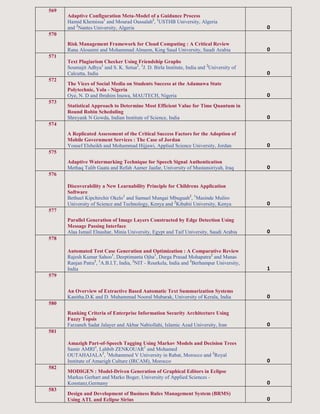 569
Adaptive Configuration Meta-Model of a Guidance Process
Hamid Khemissa1
and Mourad Oussalah2
, 1
USTHB University, Algeria
and 2
Nantes University, Algeria 0
570
Risk Management Framework for Cloud Computing : A Critical Review
Rana Alosaimi and Mohammad Alnuem, King Saud University, Saudi Arabia 0
571
Text Plagiarism Checker Using Friendship Graphs
Soumajit Adhya1
and S. K. Setua2
, 1
J. D. Birla Institute, India and 2
University of
Calcutta, India 0
572
The Vices of Social Media on Students Success at the Adamawa State
Polytechnic, Yola - Nigeria
Oye, N. D and Ibrahim Inuwa, MAUTECH, Nigeria 0
573
Statistical Approach to Determine Most Efficient Value for Time Quantum in
Round Robin Scheduling
Shreyank N Gowda, Indian Institute of Science, India 0
574
A Replicated Assessment of the Critical Success Factors for the Adoption of
Mobile Government Services : The Case of Jordan
Yousef Elsheikh and Mohammad Hijjawi, Applied Science University, Jordan 0
575
Adaptive Watermarking Technique for Speech Signal Authentication
Methaq Talib Gaata and Refah Aamer Jaafar, University of Mustansiriyah, Iraq 0
576
Discoverability a New Learnability Principle for Childrens Application
Software
Bethuel Kipchirchir Okelo1
and Samuel Mungai Mbuguah2
, 1
Masinde Muliro
University of Science and Technology, Kenya and 2
Kibabii University, Kenya 0
577
Parallel Generation of Image Layers Constructed by Edge Detection Using
Message Passing Interface
Alaa Ismail Elnashar, Minia University, Egypt and Taif University, Saudi Arabia 0
578
Automated Test Case Generation and Optimization : A Comparative Review
Rajesh Kumar Sahoo1
, Deeptimanta Ojha1
, Durga Prasad Mohapatra2
and Manas
Ranjan Patra3
, 1
A.B.I.T, India, 2
NIT - Rourkela, India and 3
Berhampur University,
India 1
579
An Overview of Extractive Based Automatic Text Summarization Systems
Kanitha.D.K and D. Muhammad Noorul Mubarak, University of Kerala, India 0
580
Ranking Criteria of Enterprise Information Security Architecture Using
Fuzzy Topsis
Farzaneh Sadat Jalayer and Akbar Nabiollahi, Islamic Azad University, Iran 0
581
Amazigh Part-of-Speech Tagging Using Markov Models and Decision Trees
Samir AMRI1
, Lahbib ZENKOUAR1
and Mohamed
OUTAHAJALA2
, 1
Mohammed V University in Rabat, Morocco and 2
Royal
Institute of Amazigh Culture (IRCAM), Morocco 0
582
MODIGEN : Model-Driven Generation of Graphical Editors in Eclipse
Markus Gerhart and Marko Boger, University of Applied Sciences -
Konstanz,Germany 0
583
Design and Development of Business Rules Management System (BRMS)
Using ATL and Eclipse Sirius 0
 
