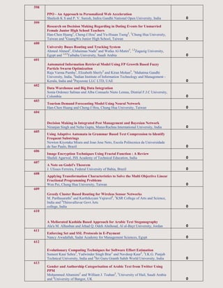 598
PPO - An Approach to Personalized Web Acceleration
Shailesh K S and P. V. Suresh, Indira Gandhi National Open University, India 0
599
Research on Decision Making Regarding in Dating Events for Unmarried
Female Junior High School Teachers
Han-Chen Huang1
, Cheng-I Hou1
and Yu-Hsuan Tseng2
, 1
Chung Hua University,
Taiwan and 2
GuangWu Junior High School, Taiwan 0
600
University Buses Routing and Tracking System
Ahmed Ahmed1
, Elshaimaa Nada2
and Wafaa Al-Mutiri3
, 1,2
Zagazig University,
Egypt and 1,2,3
Taibahu University, Saudi Arabia 0
601
Automated Information Retrieval Model Using FP Growth Based Fuzzy
Particle Swarm Optimization
Raja Varma Pamba1
, Elizabeth Sherly2
and Kiran Mohan3
, 1
Mahatma Gandhi
University, India, 2
Indian Institute of Information Technology and Management -
Kerala, India and 3
Payszone LLC LTD, UAE 0
602
Data Warehouse and Big Data Integration
Sonia Ordonez Salinas and Alba Consuelo Nieto Lemus, Distrial F.J.C University,
Colombia 0
603
Tourism Demand Forecasting Model Using Neural Network
Han-Chen Huang and Cheng-I Hou, Chung Hua University, Taiwan 0
604
Decision Making in Integrated Pest Management and Bayesian Network
Niranjan Singh and Neha Gupta, ManavRachna International University, India 0
605
Using Adaptive Automata in Grammar Based Text Compression to Identify
Frequent Substrings
Newton Kiyotaka Miura and Joao Jose Neto, Escola Politecnica da Universidade
de Sao Paulo, Brazil 0
606
Image Encryption Techniques Using Fractal Function : A Review
Shafali Agarwal, JSS Academy of Technical Education, India 0
607
A Note on Godel's Theorem
J. Ulisses Ferreira, Federal University of Bahia, Brazil 0
608
Applying Transformation Characteristics to Solve the Multi Objective Linear
Fractional Programming Problems
Wen Pei, Chung Hua University, Taiwan 0
609
Greedy Cluster Based Routing for Wireless Sensor Networks
M. Parthasarathi1
and Karthikeyani Vajravel2
, 1
KSR College of Arts and Science,
India and 2
Thiruvalluvar Govt Arts
college, India 0
610
A Meliorated Kashida Based Approach for Arabic Text Steganography
Ala'a M. Alhusban and Jehad Q. Odeh Alnihoud, Al al-Bayt University, Jordan 0
611
Enforcing Set and SSL Protocols in E-Payment
Nancy Awadallah, Sadat Academy for Management Sciences, Egypt 0
612
Evolutionary Computing Techniques for Software Effort Estimation
Sumeet Kaur Sehra1
, Yadwinder Singh Brar1
and Navdeep Kaur2
, 1
I.K.G. Punjab
Technical University, India and 2
Sri Guru Granth Sahib World University, India 0
613
Gender and Authorship Categorisation of Arabic Text from Twitter Using
PPM
Mohammed Altamimi1
and William J. Teahan2
, 1
University of Hail, Saudi Arabia
and 2
University of Bangor, UK 0
 