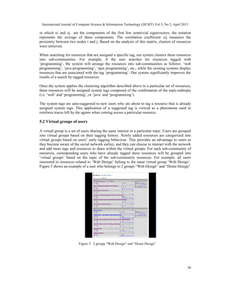International Journal of Computer Science & Information Technology (IJCSIT) Vol 5, No 2, April 2013
50
in which xi and xj are the components of the first few nontrivial eigenvectors, the notation
represents the average of these components. The correlation coefficient cij measures the
proximity between two nodes i and j. Based on the analysis of this matrix, clusters of resources
were retrieved.
When searching for resources that are assigned a specific tag, our system clusters these resources
into sub-communities. For example, if the user searches for resources tagged with
‘programming’, the system will arrange the resources into sub-communities as follows: ‘web
programming’, ‘java programming’, ‘ajax programming’, etc., while the existing systems display
resources that are associated with the tag ‘programming’. Our system significantly improves the
results of a search by tagged resources.
Once the system applies the clustering algorithm described above to a particular set of resources,
these resources will be assigned system tags composed of the combination of the topic-subtopic
(i.e. ‘web’ and ‘programming’, or ‘java’ and ‘programming’).
The system tags are auto-suggested to new users who are about to tag a resource that is already
assigned system tags. This application of a suggested tag is viewed as a pheromone used to
reinforce traces left by the agents when coming across a particular resource.
5.2 Virtual groups of users
A virtual group is a set of users sharing the same interest in a particular topic. Users are grouped
into virtual groups based on their tagging history. Newly added resources are categorized into
virtual groups based on users’ early tagging behaviour. This provides an advantage to users as
they become aware of the social network earlier, and they can choose to interact with the network
and add more tags and resources to share within the virtual groups. For each sub-community of
resources, corresponding users who have already tagged these resources will be grouped into
‘virtual groups’ based on the topic of the sub-community resources. For example: all users
interested in resources related to ‘Web Design’ belong to the same virtual group ‘Web Design’.
Figure 5 shows an example of a user who belongs to 2 groups “Web Design” and “Home Design”
Figure 5. 2 groups “Web Design” and “Home Design”
 
