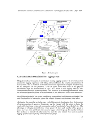 International Journal of Computer Science & Information Technology (IJCSIT) Vol 5, No 2, April 2013
47
Figure 3. Evolution cycle
4.3. Functionalities of the collaborative tagging system
The purpose of our research is to complement existing tagging systems with new features that
enhance the tagging experience while taking into consideration the complex characteristics of
these systems. The co-evolution of the spatial and social organizations of agents paved the way
for the emergence of new properties. Users or agents leave their traces on the physical
environment (tags and reinforcement of tags). As a result of this tagging behavior, sub-
communities of resources eventually emerge. This is viewed as the stigmergy mechanism, where
the influence of persisting effects in the environment of past behaviours affects future behaviours.
Our collaborative system was created based on the organizational multi-agent system model. The
main functionalities of our tagging system that enhance the users’ experience are listed below:
- Enhancing the search by tag by having a kind of hierarchical classification from the formation
of sub-communities of resources. Searching a tag like ‘design’ with the option to cluster the
results will return in our system sub-communities such as ‘web design”, “home design” etc.. The
advantage of belonging implicitly to a virtual group will allow each member of the group to
access and view more quickly any new resource tagged within the group. The member will also
have a chance to interact with other users who share his same interest. Most users in current
tagging systems do not explicitly form or join social groups.
 