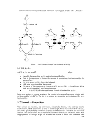 International Journal of Computer Science & Information Technology (IJCSIT) Vol 5, No 3, June 2013
154
Figure 1. LGSPN-Service Example (a); Services S1,S2,S3 (b)
2.2. Web Service
A Web service is a tuple [7] where:
• NameS is the name of the service used as its unique identifier.
• Desc is the description of the provided service. It summarizes what functionalities the
service offers.
• Loc is the server in which the service is located.
• URL is the invocation of the Web service.
• CS is a set of the component services of the Web service, if CS = {NameS} then S is a
basic service, otherwise S is a Composite service.
• is the LGSPN-Service modeling the dynamic behavior of the service.
In the next section, we propose an algebra that permits to incrementally compose existing web
services modeled byLGSPNs. The aim is to create a new composite service that provides new
functionalities.
3. Web services Composition
Web services as presented, are components, conceptually limited, with relatively simple
functionalities, which are modeled by a set of operations [8]. Given two or more Web services,
each with a specific task,they sometimes cooperate in order to achieve a new task.This will result
in a new value added service. For example aservice of hotel booking can collaborate with a Web
mappingservice like Google Maps API to show the location of hotels tothe customers. The
(b)
1
..
...
...
....
…
i1
te
ts
2
.....
..
…
t1
o2
S2
o3
i3
..
...
...
....
…
t
1
tw
S3
 