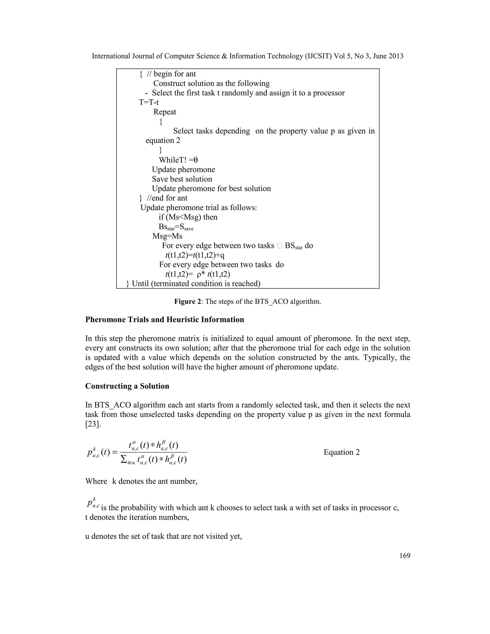 International Journal of Computer Science & Information Technology (IJCSIT) Vol 5, No 3, June 2013
169
{ // begin for ant
Construct solution as the following
- Select the first task t randomly and assign it to a processor
T=T-t
Repeat
{
Select tasks depending on the property value p as given in
equation 2
}
WhileT! =θ
Update pheromone
Save best solution
Update pheromone for best solution
} //end for ant
Update pheromone trial as follows:
if (Ms<Msg) then
Bsstar=Ssave
Msg=Ms
For every edge between two tasks BSstar do
t(t1,t2)=t(t1,t2)+q
For every edge between two tasks do
t(t1,t2)= ρ* t(t1,t2)
} Until (terminated condition is reached)
Figure 2: The steps of the BTS_ACO algorithm.
Pheromone Trials and Heuristic Information
In this step the pheromone matrix is initialized to equal amount of pheromone. In the next step,
every ant constructs its own solution; after that the pheromone trial for each edge in the solution
is updated with a value which depends on the solution constructed by the ants. Typically, the
edges of the best solution will have the higher amount of pheromone update.
Constructing a Solution
In BTS_ACO algorithm each ant starts from a randomly selected task, and then it selects the next
task from those unselected tasks depending on the property value p as given in the next formula
[23].
)()(
)()(
)(
,,
,,
,
thtt
thtt
tp
cacaui
cacak
ca 

∗∑
∗
=
∈
Equation 2
Where k denotes the ant number,
k
cap ,
is the probability with which ant k chooses to select task a with set of tasks in processor c,
t denotes the iteration numbers,
u denotes the set of task that are not visited yet,
 