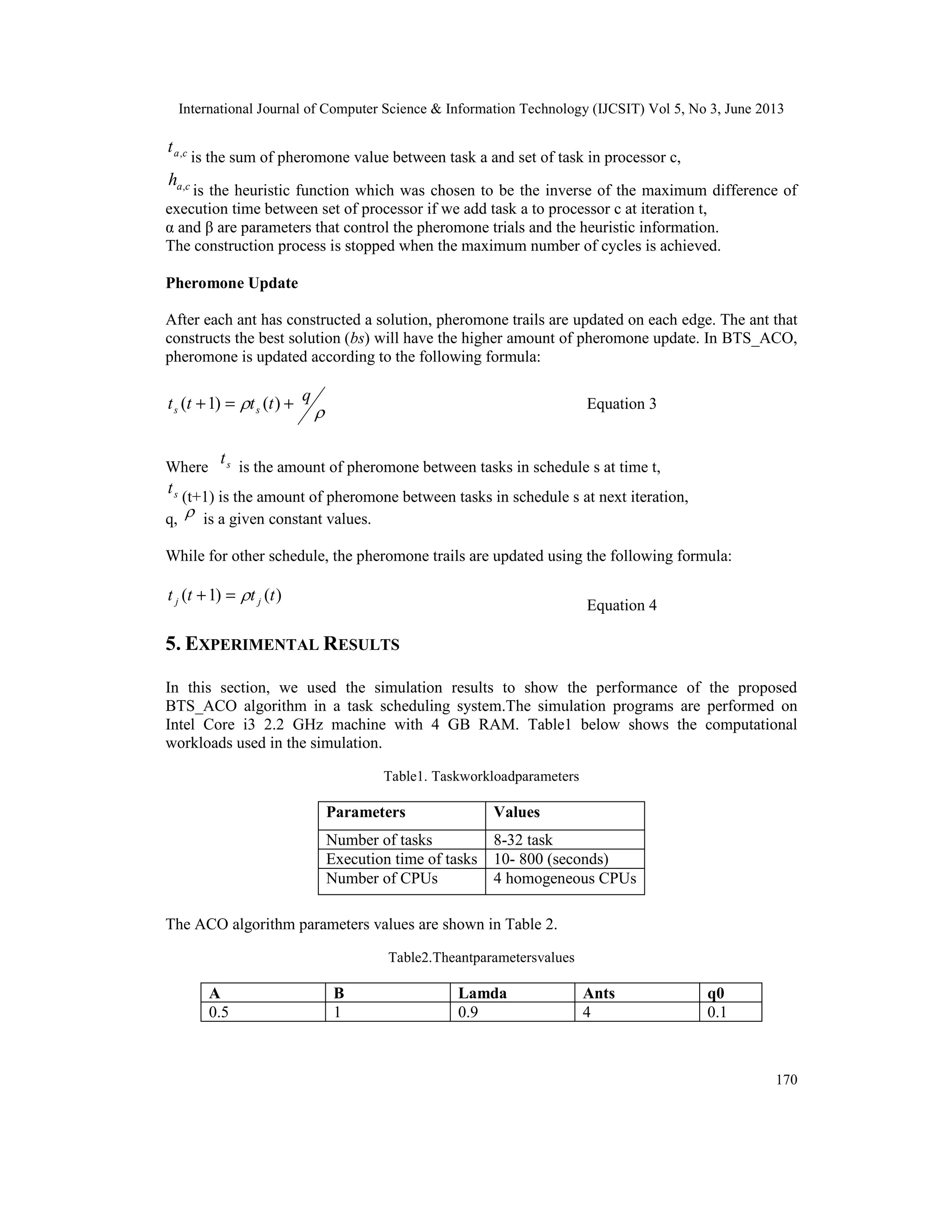 International Journal of Computer Science & Information Technology (IJCSIT) Vol 5, No 3, June 2013
170
cat ,
is the sum of pheromone value between task a and set of task in processor c,
cah ,
is the heuristic function which was chosen to be the inverse of the maximum difference of
execution time between set of processor if we add task a to processor c at iteration t,
α and β are parameters that control the pheromone trials and the heuristic information.
The construction process is stopped when the maximum number of cycles is achieved.
Pheromone Update
After each ant has constructed a solution, pheromone trails are updated on each edge. The ant that
constructs the best solution (bs) will have the higher amount of pheromone update. In BTS_ACO,
pheromone is updated according to the following formula:
 qtttt ss +=+ )()1( Equation 3
Where st is the amount of pheromone between tasks in schedule s at time t,
st (t+1) is the amount of pheromone between tasks in schedule s at next iteration,
q,  is a given constant values.
While for other schedule, the pheromone trails are updated using the following formula:
)()1( tttt jj =+
Equation 4
5. EXPERIMENTAL RESULTS
In this section, we used the simulation results to show the performance of the proposed
BTS_ACO algorithm in a task scheduling system.The simulation programs are performed on
Intel Core i3 2.2 GHz machine with 4 GB RAM. Table1 below shows the computational
workloads used in the simulation.
Table1. Taskworkloadparameters
Parameters Values
Number of tasks 8-32 task
Execution time of tasks 10- 800 (seconds)
Number of CPUs 4 homogeneous CPUs
The ACO algorithm parameters values are shown in Table 2.
Table2.Theantparametersvalues
Α Β Lamda Ants q0
0.5 1 0.9 4 0.1
 