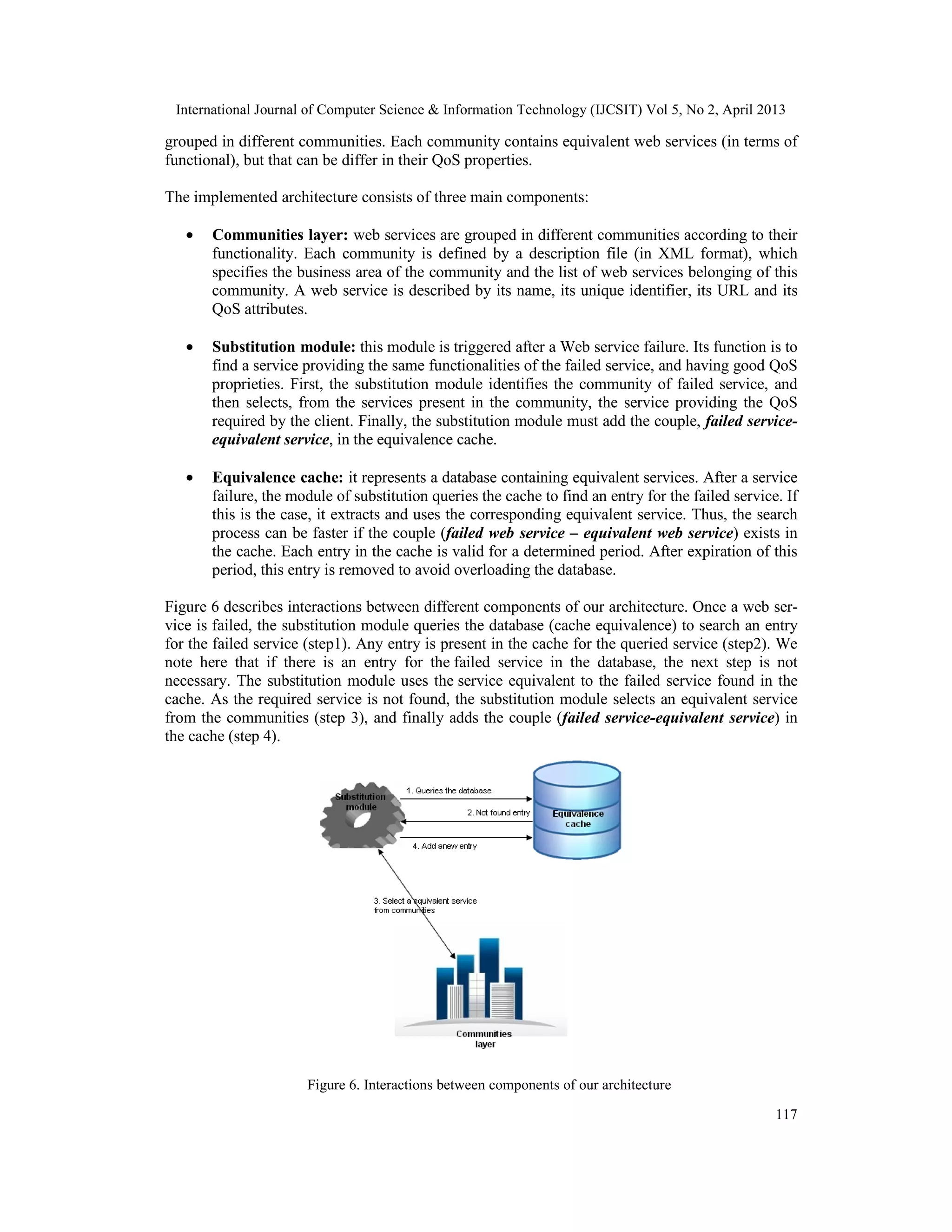 International Journal of Computer Science & Information Technology (IJCSIT) Vol 5, No 2, April 2013
117
grouped in different communities. Each community contains equivalent web services (in terms of
functional), but that can be differ in their QoS properties.
The implemented architecture consists of three main components:
• Communities layer: web services are grouped in different communities according to their
functionality. Each community is defined by a description file (in XML format), which
specifies the business area of the community and the list of web services belonging of this
community. A web service is described by its name, its unique identifier, its URL and its
QoS attributes.
• Substitution module: this module is triggered after a Web service failure. Its function is to
find a service providing the same functionalities of the failed service, and having good QoS
proprieties. First, the substitution module identifies the community of failed service, and
then selects, from the services present in the community, the service providing the QoS
required by the client. Finally, the substitution module must add the couple, failed service-
equivalent service, in the equivalence cache.
• Equivalence cache: it represents a database containing equivalent services. After a service
failure, the module of substitution queries the cache to find an entry for the failed service. If
this is the case, it extracts and uses the corresponding equivalent service. Thus, the search
process can be faster if the couple (failed web service – equivalent web service) exists in
the cache. Each entry in the cache is valid for a determined period. After expiration of this
period, this entry is removed to avoid overloading the database.
Figure 6 describes interactions between different components of our architecture. Once a web ser-
vice is failed, the substitution module queries the database (cache equivalence) to search an entry
for the failed service (step1). Any entry is present in the cache for the queried service (step2). We
note here that if there is an entry for the failed service in the database, the next step is not
necessary. The substitution module uses the service equivalent to the failed service found in the
cache. As the required service is not found, the substitution module selects an equivalent service
from the communities (step 3), and finally adds the couple (failed service-equivalent service) in
the cache (step 4).
Figure 6. Interactions between components of our architecture
 