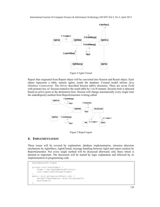 International Journal of Computer Science & Information Technology (IJCSIT) Vol 5, No 2, April 2013
126
:AgletMaster :AgletCloned
:AgletMessenger
AgletHost
AgletHost
1:<<create>>
2:pesanKeSlave()
3:handleMessage()
4:kirimPesan()
5:handleMessage()
Report
Figure 4 Aglet Cloned
Report that originated from Report object will be converted into Session and Result object. Each
object represents a table, namely aglets, inside the database. Created model utilizes Java
Database Connectivity. The Driver described Session table's structures. There are seven Field
with primary key id. Session related to the result table by 1-to-N manner. Security hole is detected
based on active ports at the destination host. Session will change automatically every single time
the makeReport() method from ReportGenerator is being called.
:AgletCloned
:AgletSlave
:AgletMaster
1:handleMessage()
2:handleMessage()
Report
Report
:ReportGenerator
3:buatLaporan()
Report
:Hasil :Session
4:<<create>>
5:<<create>>
Figure 5 Report Agent
4. IMPLEMENTATION
These issues will be covered by explanation: database implementation, intrusion detection
mechanism by AgletSlave, AgletCloned, message handling between Aglet and report creation by
ReportGenerator. Not every single method will be discussed afterward; only those which is
deemed as important. The discussion will be started by logic explanation and followed by its
implementation in programming code.
AgletMasterGUI frame;
private void buatFrame() {
frame = new AgletMasterGUI(this);
info.tampilkanDiTengah(frame);
}
public void onCreation(Object obj) {
setText("AgletMaster telah diciptakan");
buatFrame();
}
 