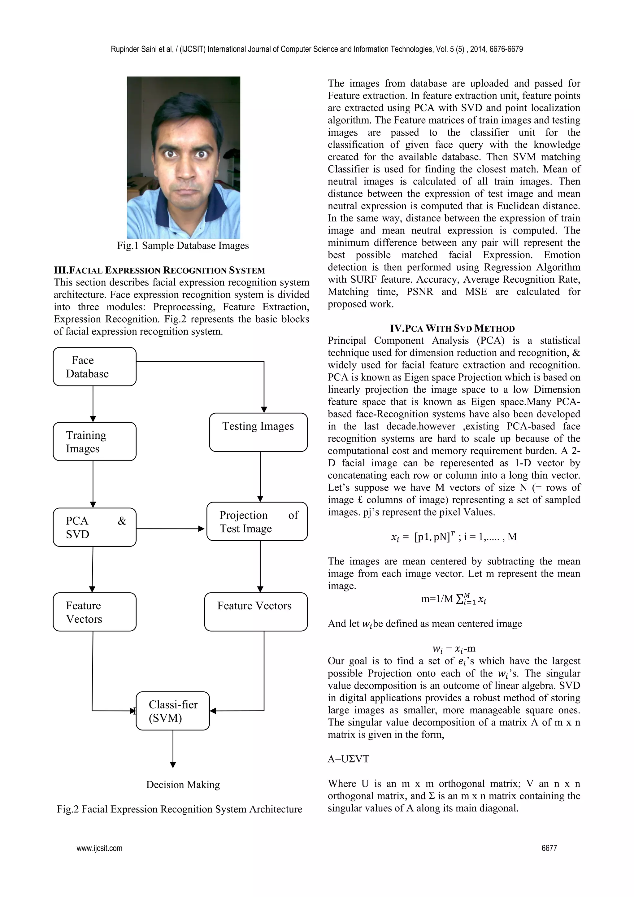 Fig.1 Sample Database Images
III.FACIAL EXPRESSION RECOGNITION SYSTEM
This section describes facial expression recognition system
architecture. Face expression recognition system is divided
into three modules: Preprocessing, Feature Extraction,
Expression Recognition. Fig.2 represents the basic blocks
of facial expression recognition system.
Decision Making
Decision Making
Fig.2 Facial Expression Recognition System Architecture
The images from database are uploaded and passed for
Feature extraction. In feature extraction unit, feature points
are extracted using PCA with SVD and point localization
algorithm. The Feature matrices of train images and testing
images are passed to the classifier unit for the
classification of given face query with the knowledge
created for the available database. Then SVM matching
Classifier is used for finding the closest match. Mean of
neutral images is calculated of all train images. Then
distance between the expression of test image and mean
neutral expression is computed that is Euclidean distance.
In the same way, distance between the expression of train
image and mean neutral expression is computed. The
minimum difference between any pair will represent the
best possible matched facial Expression. Emotion
detection is then performed using Regression Algorithm
with SURF feature. Accuracy, Average Recognition Rate,
Matching time, PSNR and MSE are calculated for
proposed work.
IV.PCA WITH SVD METHOD
Principal Component Analysis (PCA) is a statistical
technique used for dimension reduction and recognition, &
widely used for facial feature extraction and recognition.
PCA is known as Eigen space Projection which is based on
linearly projection the image space to a low Dimension
feature space that is known as Eigen space.Many PCA-
based face-Recognition systems have also been developed
in the last decade.however ,existing PCA-based face
recognition systems are hard to scale up because of the
computational cost and memory requirement burden. A 2-
D facial image can be reperesented as 1-D vector by
concatenating each row or column into a long thin vector.
Let’s suppose we have M vectors of size N (= rows of
image £ columns of image) representing a set of sampled
images. pj’s represent the pixel Values.
= [p1, pN] ; i = 1,..... , M
The images are mean centered by subtracting the mean
image from each image vector. Let m represent the mean
image.
m=1/M ∑
And let be defined as mean centered image
= -m
Our goal is to find a set of ’s which have the largest
possible Projection onto each of the ’s. The singular
value decomposition is an outcome of linear algebra. SVD
in digital applications provides a robust method of storing
large images as smaller, more manageable square ones.
The singular value decomposition of a matrix A of m x n
matrix is given in the form,
A=UΣVT
Where U is an m x m orthogonal matrix; V an n x n
orthogonal matrix, and Σ is an m x n matrix containing the
singular values of A along its main diagonal.
Face
Database
Training
Images
PCA &
SVD
Feature
Vectors
Testing Images
Projection of
Test Image
Feature Vectors
Classi-fier
(SVM)
Rupinder Saini et al, / (IJCSIT) International Journal of Computer Science and Information Technologies, Vol. 5 (5) , 2014, 6676-6679
www.ijcsit.com 6677
 