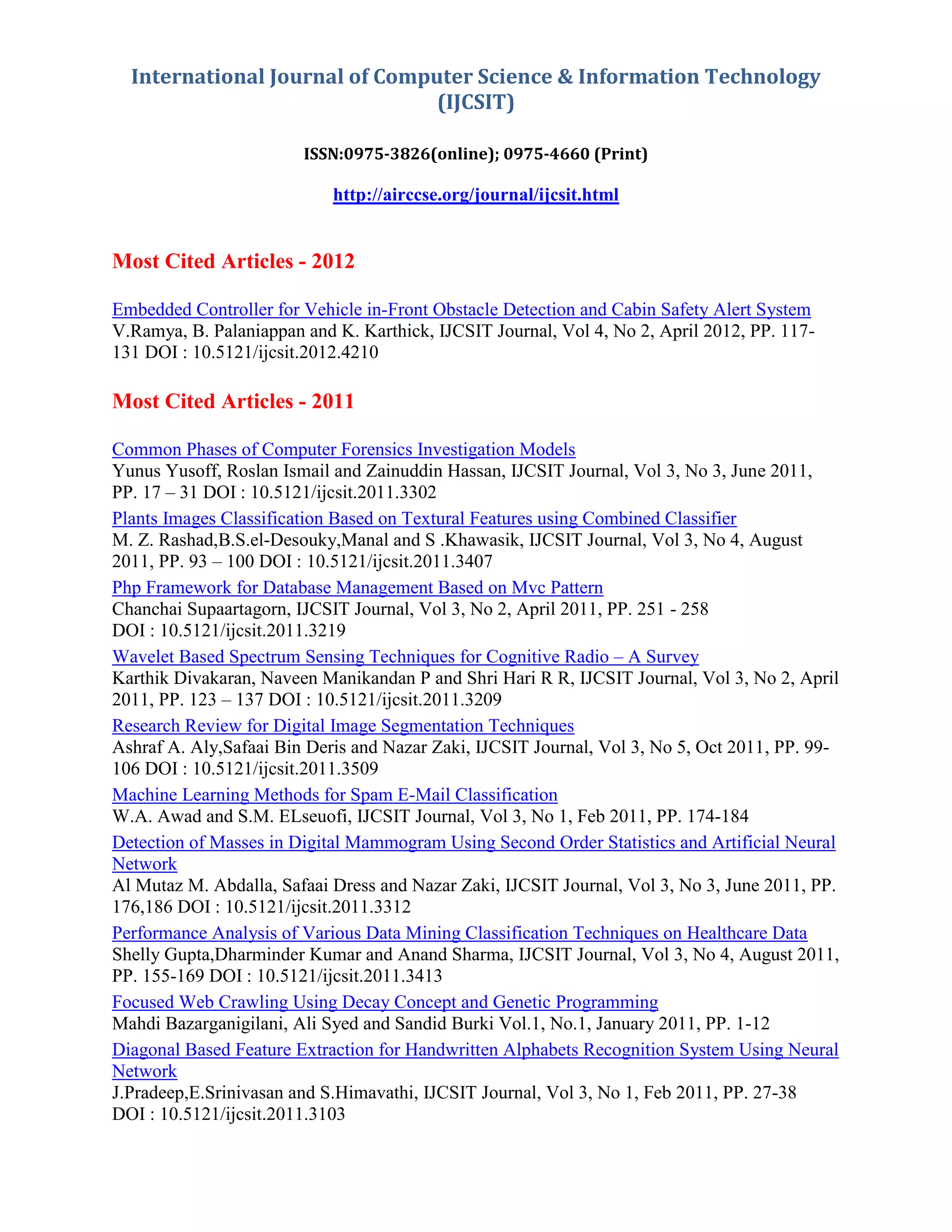 International Journal of Computer Science & Information Technology
(IJCSIT)
ISSN:0975-3826(online); 0975-4660 (Print)
http://airccse.org/journal/ijcsit.html
Most Cited Articles - 2012
Embedded Controller for Vehicle in-Front Obstacle Detection and Cabin Safety Alert System
V.Ramya, B. Palaniappan and K. Karthick, IJCSIT Journal, Vol 4, No 2, April 2012, PP. 117-
131 DOI : 10.5121/ijcsit.2012.4210
Most Cited Articles - 2011
Common Phases of Computer Forensics Investigation Models
Yunus Yusoff, Roslan Ismail and Zainuddin Hassan, IJCSIT Journal, Vol 3, No 3, June 2011,
PP. 17 – 31 DOI : 10.5121/ijcsit.2011.3302
Plants Images Classification Based on Textural Features using Combined Classifier
M. Z. Rashad,B.S.el-Desouky,Manal and S .Khawasik, IJCSIT Journal, Vol 3, No 4, August
2011, PP. 93 – 100 DOI : 10.5121/ijcsit.2011.3407
Php Framework for Database Management Based on Mvc Pattern
Chanchai Supaartagorn, IJCSIT Journal, Vol 3, No 2, April 2011, PP. 251 - 258
DOI : 10.5121/ijcsit.2011.3219
Wavelet Based Spectrum Sensing Techniques for Cognitive Radio – A Survey
Karthik Divakaran, Naveen Manikandan P and Shri Hari R R, IJCSIT Journal, Vol 3, No 2, April
2011, PP. 123 – 137 DOI : 10.5121/ijcsit.2011.3209
Research Review for Digital Image Segmentation Techniques
Ashraf A. Aly,Safaai Bin Deris and Nazar Zaki, IJCSIT Journal, Vol 3, No 5, Oct 2011, PP. 99-
106 DOI : 10.5121/ijcsit.2011.3509
Machine Learning Methods for Spam E-Mail Classification
W.A. Awad and S.M. ELseuofi, IJCSIT Journal, Vol 3, No 1, Feb 2011, PP. 174-184
Detection of Masses in Digital Mammogram Using Second Order Statistics and Artificial Neural
Network
Al Mutaz M. Abdalla, Safaai Dress and Nazar Zaki, IJCSIT Journal, Vol 3, No 3, June 2011, PP.
176,186 DOI : 10.5121/ijcsit.2011.3312
Performance Analysis of Various Data Mining Classification Techniques on Healthcare Data
Shelly Gupta,Dharminder Kumar and Anand Sharma, IJCSIT Journal, Vol 3, No 4, August 2011,
PP. 155-169 DOI : 10.5121/ijcsit.2011.3413
Focused Web Crawling Using Decay Concept and Genetic Programming
Mahdi Bazarganigilani, Ali Syed and Sandid Burki Vol.1, No.1, January 2011, PP. 1-12
Diagonal Based Feature Extraction for Handwritten Alphabets Recognition System Using Neural
Network
J.Pradeep,E.Srinivasan and S.Himavathi, IJCSIT Journal, Vol 3, No 1, Feb 2011, PP. 27-38
DOI : 10.5121/ijcsit.2011.3103
 