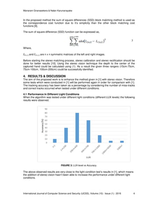 Manaram Gnanasekera & Nalan Karunanayake
International Journal of Computer Science and Security (IJCSS), Volume (10) : Issue (1) : 2016 4
In the proposed method the sum of square differences (SSD) block matching method is used as
the correspondence cost function due to it’s simplicity than the other block matching cost
functions [9].
The sum of square difference (SSD) function can be expressed as,
Where,
Il(x,y) and Ir(x,y) are n x n symmetric matrices of the left and right images.
Before starting the stereo matching process, stereo calibration and stereo rectification should be
done for better results [10]. Using the stereo vision technique the depth to the center of the
captured hand could be calculated using (1). As a result the given three rangers (15cm-75cm,
75cm-100cm, 100cm-200cm) could be successfully identified.
4. RESULTS & DISCUSSION
The aim of the proposed work is to enhance the method given in [1] with stereo vision. Therefore
some tests which were conducted in [1] will be performed again in order for comparison with [1].
The tracking accuracy has been taken as a percentage by considering the number of miss-tracks
and correct tracks occurred when tested under different conditions.
4.1 Performance In Different Light Conditions
When the algorithm was tested under different light conditions (different LUX levels) the following
results were observed.
FIGURE 3: LUX level vs Accuracy.
The above observed results are very close to the light condition test’s results in [1], which means
the addition of stereo vision hasn’t been able to increase the performance under different light
conditions.
3
 
