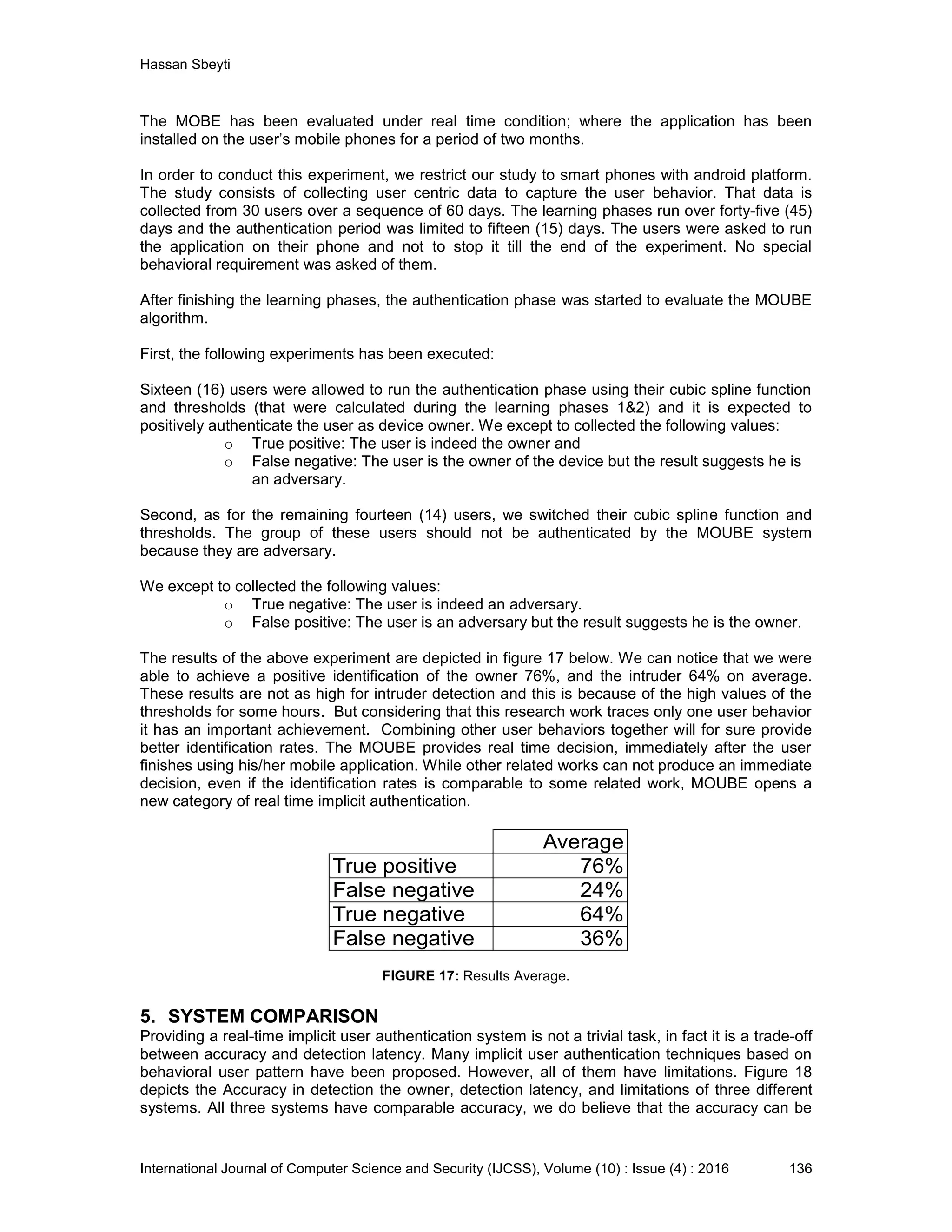Hassan Sbeyti International Journal of Computer Science and Security (IJCSS), Volume (10) : Issue (4) : 2016 136 The MOBE has been evaluated under real time condition; where the application has been installed on the user’s mobile phones for a period of two months. In order to conduct this experiment, we restrict our study to smart phones with android platform. The study consists of collecting user centric data to capture the user behavior. That data is collected from 30 users over a sequence of 60 days. The learning phases run over forty-five (45) days and the authentication period was limited to fifteen (15) days. The users were asked to run the application on their phone and not to stop it till the end of the experiment. No special behavioral requirement was asked of them. After finishing the learning phases, the authentication phase was started to evaluate the MOUBE algorithm. First, the following experiments has been executed: Sixteen (16) users were allowed to run the authentication phase using their cubic spline function and thresholds (that were calculated during the learning phases 1&2) and it is expected to positively authenticate the user as device owner. We except to collected the following values: o True positive: The user is indeed the owner and o False negative: The user is the owner of the device but the result suggests he is an adversary. Second, as for the remaining fourteen (14) users, we switched their cubic spline function and thresholds. The group of these users should not be authenticated by the MOUBE system because they are adversary. We except to collected the following values: o True negative: The user is indeed an adversary. o False positive: The user is an adversary but the result suggests he is the owner. The results of the above experiment are depicted in figure 17 below. We can notice that we were able to achieve a positive identification of the owner 76%, and the intruder 64% on average. These results are not as high for intruder detection and this is because of the high values of the thresholds for some hours. But considering that this research work traces only one user behavior it has an important achievement. Combining other user behaviors together will for sure provide better identification rates. The MOUBE provides real time decision, immediately after the user finishes using his/her mobile application. While other related works can not produce an immediate decision, even if the identification rates is comparable to some related work, MOUBE opens a new category of real time implicit authentication. Average True positive 76% False negative 24% True negative 64% False negative 36% FIGURE 17: Results Average. 5. SYSTEM COMPARISON Providing a real-time implicit user authentication system is not a trivial task, in fact it is a trade-off between accuracy and detection latency. Many implicit user authentication techniques based on behavioral user pattern have been proposed. However, all of them have limitations. Figure 18 depicts the Accuracy in detection the owner, detection latency, and limitations of three different systems. All three systems have comparable accuracy, we do believe that the accuracy can be 