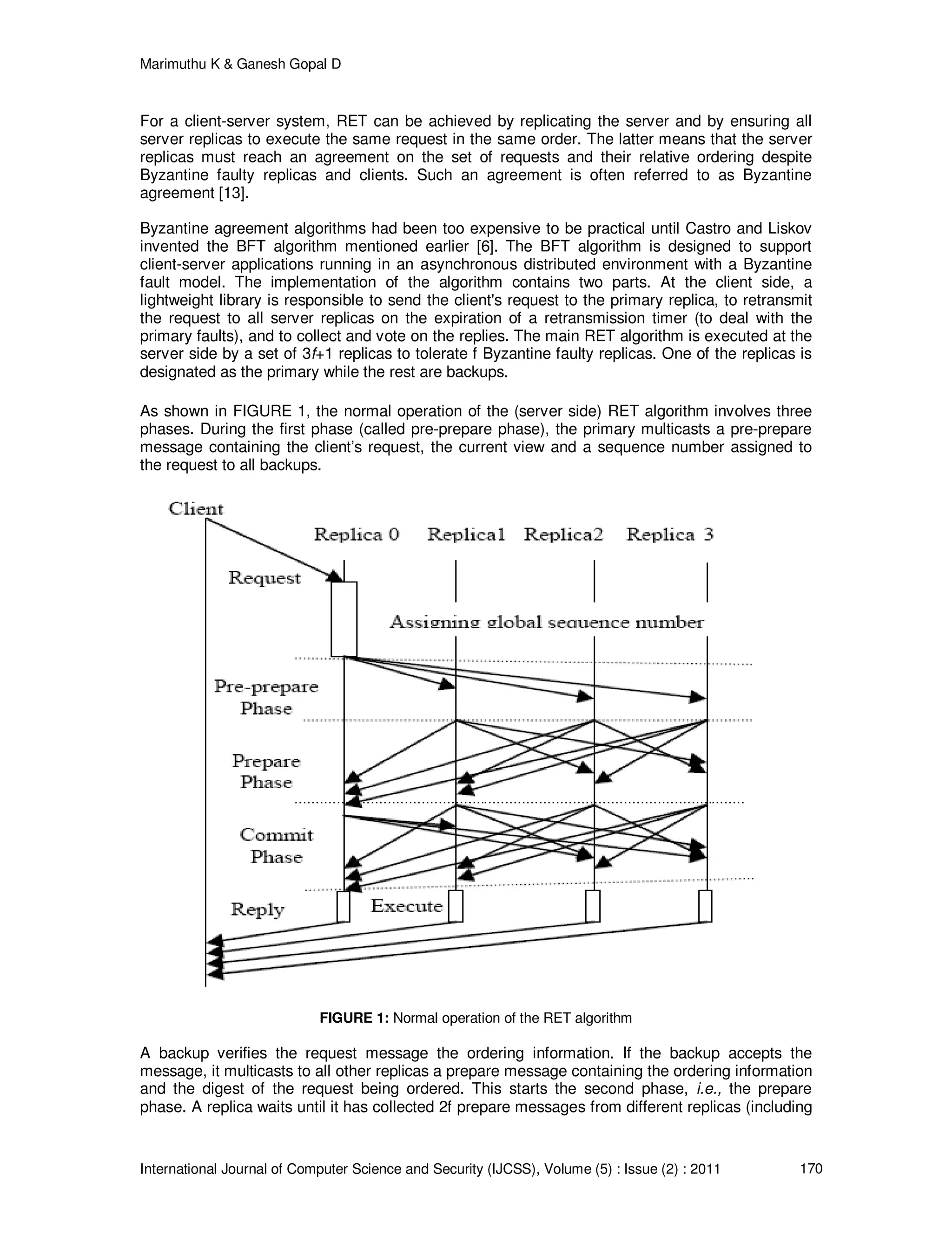 Marimuthu K & Ganesh Gopal D
International Journal of Computer Science and Security (IJCSS), Volume (5) : Issue (2) : 2011 170
For a client-server system, RET can be achieved by replicating the server and by ensuring all
server replicas to execute the same request in the same order. The latter means that the server
replicas must reach an agreement on the set of requests and their relative ordering despite
Byzantine faulty replicas and clients. Such an agreement is often referred to as Byzantine
agreement [13].
Byzantine agreement algorithms had been too expensive to be practical until Castro and Liskov
invented the BFT algorithm mentioned earlier [6]. The BFT algorithm is designed to support
client-server applications running in an asynchronous distributed environment with a Byzantine
fault model. The implementation of the algorithm contains two parts. At the client side, a
lightweight library is responsible to send the client's request to the primary replica, to retransmit
the request to all server replicas on the expiration of a retransmission timer (to deal with the
primary faults), and to collect and vote on the replies. The main RET algorithm is executed at the
server side by a set of 3f+1 replicas to tolerate f Byzantine faulty replicas. One of the replicas is
designated as the primary while the rest are backups.
As shown in FIGURE 1, the normal operation of the (server side) RET algorithm involves three
phases. During the first phase (called pre-prepare phase), the primary multicasts a pre-prepare
message containing the client’s request, the current view and a sequence number assigned to
the request to all backups.
FIGURE 1: Normal operation of the RET algorithm
A backup verifies the request message the ordering information. If the backup accepts the
message, it multicasts to all other replicas a prepare message containing the ordering information
and the digest of the request being ordered. This starts the second phase, i.e., the prepare
phase. A replica waits until it has collected 2f prepare messages from different replicas (including
 