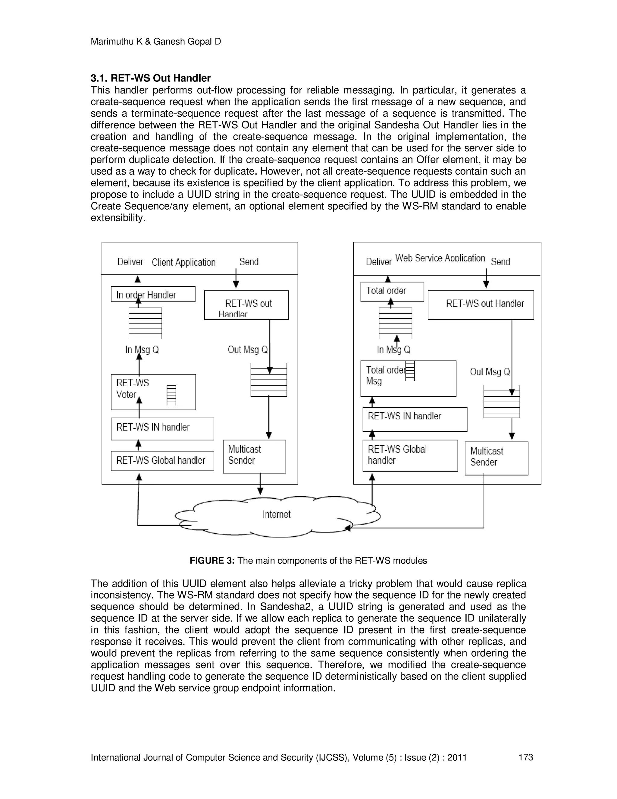 Marimuthu K & Ganesh Gopal D
International Journal of Computer Science and Security (IJCSS), Volume (5) : Issue (2) : 2011 173
3.1. RET-WS Out Handler
This handler performs out-flow processing for reliable messaging. In particular, it generates a
create-sequence request when the application sends the first message of a new sequence, and
sends a terminate-sequence request after the last message of a sequence is transmitted. The
difference between the RET-WS Out Handler and the original Sandesha Out Handler lies in the
creation and handling of the create-sequence message. In the original implementation, the
create-sequence message does not contain any element that can be used for the server side to
perform duplicate detection. If the create-sequence request contains an Offer element, it may be
used as a way to check for duplicate. However, not all create-sequence requests contain such an
element, because its existence is specified by the client application. To address this problem, we
propose to include a UUID string in the create-sequence request. The UUID is embedded in the
Create Sequence/any element, an optional element specified by the WS-RM standard to enable
extensibility.
FIGURE 3: The main components of the RET-WS modules
The addition of this UUID element also helps alleviate a tricky problem that would cause replica
inconsistency. The WS-RM standard does not specify how the sequence ID for the newly created
sequence should be determined. In Sandesha2, a UUID string is generated and used as the
sequence ID at the server side. If we allow each replica to generate the sequence ID unilaterally
in this fashion, the client would adopt the sequence ID present in the first create-sequence
response it receives. This would prevent the client from communicating with other replicas, and
would prevent the replicas from referring to the same sequence consistently when ordering the
application messages sent over this sequence. Therefore, we modified the create-sequence
request handling code to generate the sequence ID deterministically based on the client supplied
UUID and the Web service group endpoint information.
 