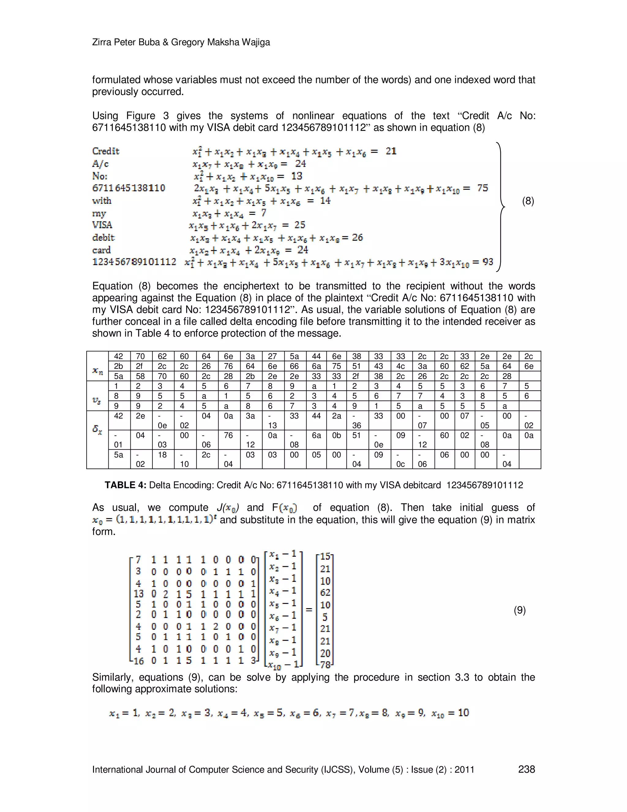 Zirra Peter Buba & Gregory Maksha Wajiga International Journal of Computer Science and Security (IJCSS), Volume (5) : Issue (2) : 2011 238 formulated whose variables must not exceed the number of the words) and one indexed word that previously occurred. Using Figure 3 gives the systems of nonlinear equations of the text “Credit A/c No: 6711645138110 with my VISA debit card 123456789101112” as shown in equation (8) (8) Equation (8) becomes the enciphertext to be transmitted to the recipient without the words appearing against the Equation (8) in place of the plaintext “Credit A/c No: 6711645138110 with my VISA debit card No: 123456789101112”. As usual, the variable solutions of Equation (8) are further conceal in a file called delta encoding file before transmitting it to the intended receiver as shown in Table 4 to enforce protection of the message. 42 70 62 60 64 6e 3a 27 5a 44 6e 38 33 33 2c 2c 33 2e 2e 2c 2b 2f 2c 2c 26 76 64 6e 66 6a 75 51 43 4c 3a 60 62 5a 64 6e 5a 58 70 60 2c 28 2b 2e 2e 33 33 2f 38 2c 26 2c 2c 2c 28 1 2 3 4 5 6 7 8 9 a 1 2 3 4 5 5 3 6 7 5 8 9 5 5 a 1 5 6 2 3 4 5 6 7 7 4 3 8 5 6 9 9 2 4 5 a 8 6 7 3 4 9 1 5 a 5 5 5 a 42 2e - 0e - 02 04 0a 3a - 13 33 44 2a - 36 33 00 - 07 00 07 - 05 00 - 02 - 01 04 - 03 00 - 06 76 - 12 0a - 08 6a 0b 51 - 0e 09 - 12 60 02 - 08 0a 0a 5a - 02 18 - 10 2c - 04 03 03 00 05 00 - 04 09 - 0c - 06 06 00 00 - 04 TABLE 4: Delta Encoding: Credit A/c No: 6711645138110 with my VISA debitcard 123456789101112 As usual, we compute J( ) and F of equation (8). Then take initial guess of and substitute in the equation, this will give the equation (9) in matrix form. (9) Similarly, equations (9), can be solve by applying the procedure in section 3.3 to obtain the following approximate solutions: 