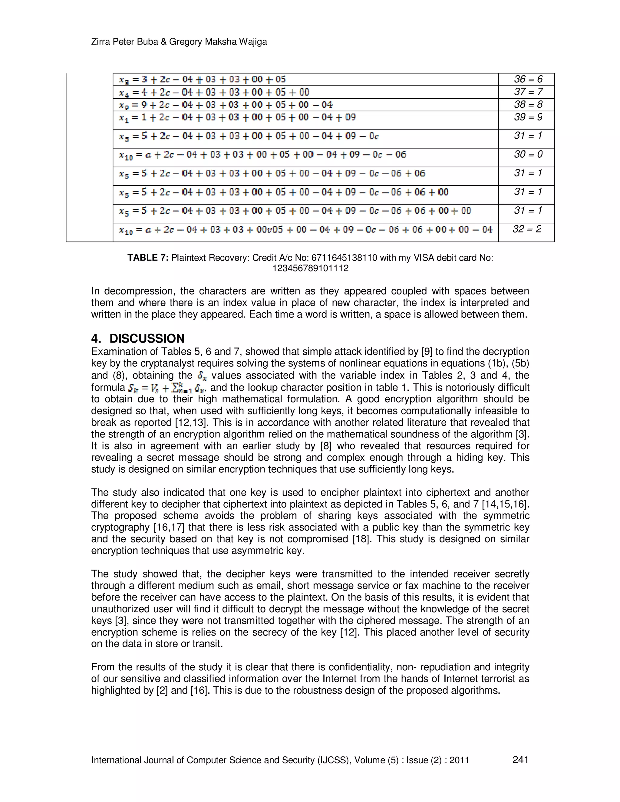 Zirra Peter Buba & Gregory Maksha Wajiga International Journal of Computer Science and Security (IJCSS), Volume (5) : Issue (2) : 2011 241 36 = 6 37 = 7 38 = 8 39 = 9 31 = 1 30 = 0 31 = 1 31 = 1 31 = 1 32 = 2 TABLE 7: Plaintext Recovery: Credit A/c No: 6711645138110 with my VISA debit card No: 123456789101112 In decompression, the characters are written as they appeared coupled with spaces between them and where there is an index value in place of new character, the index is interpreted and written in the place they appeared. Each time a word is written, a space is allowed between them. 4. DISCUSSION Examination of Tables 5, 6 and 7, showed that simple attack identified by [9] to find the decryption key by the cryptanalyst requires solving the systems of nonlinear equations in equations (1b), (5b) and (8), obtaining the values associated with the variable index in Tables 2, 3 and 4, the formula , and the lookup character position in table 1. This is notoriously difficult to obtain due to their high mathematical formulation. A good encryption algorithm should be designed so that, when used with sufficiently long keys, it becomes computationally infeasible to break as reported [12,13]. This is in accordance with another related literature that revealed that the strength of an encryption algorithm relied on the mathematical soundness of the algorithm [3]. It is also in agreement with an earlier study by [8] who revealed that resources required for revealing a secret message should be strong and complex enough through a hiding key. This study is designed on similar encryption techniques that use sufficiently long keys. The study also indicated that one key is used to encipher plaintext into ciphertext and another different key to decipher that ciphertext into plaintext as depicted in Tables 5, 6, and 7 [14,15,16]. The proposed scheme avoids the problem of sharing keys associated with the symmetric cryptography [16,17] that there is less risk associated with a public key than the symmetric key and the security based on that key is not compromised [18]. This study is designed on similar encryption techniques that use asymmetric key. The study showed that, the decipher keys were transmitted to the intended receiver secretly through a different medium such as email, short message service or fax machine to the receiver before the receiver can have access to the plaintext. On the basis of this results, it is evident that unauthorized user will find it difficult to decrypt the message without the knowledge of the secret keys [3], since they were not transmitted together with the ciphered message. The strength of an encryption scheme is relies on the secrecy of the key [12]. This placed another level of security on the data in store or transit. From the results of the study it is clear that there is confidentiality, non- repudiation and integrity of our sensitive and classified information over the Internet from the hands of Internet terrorist as highlighted by [2] and [16]. This is due to the robustness design of the proposed algorithms. 