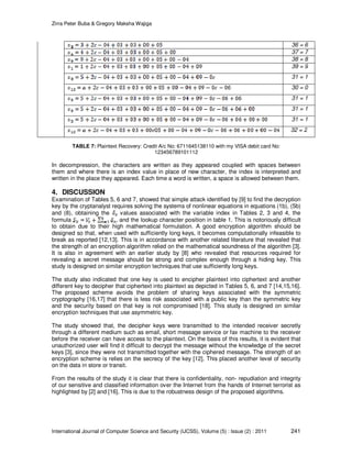 Zirra Peter Buba & Gregory Maksha Wajiga
International Journal of Computer Science and Security (IJCSS), Volume (5) : Issue (2) : 2011 241
36 = 6
37 = 7
38 = 8
39 = 9
31 = 1
30 = 0
31 = 1
31 = 1
31 = 1
32 = 2
TABLE 7: Plaintext Recovery: Credit A/c No: 6711645138110 with my VISA debit card No:
123456789101112
In decompression, the characters are written as they appeared coupled with spaces between
them and where there is an index value in place of new character, the index is interpreted and
written in the place they appeared. Each time a word is written, a space is allowed between them.
4. DISCUSSION
Examination of Tables 5, 6 and 7, showed that simple attack identified by [9] to find the decryption
key by the cryptanalyst requires solving the systems of nonlinear equations in equations (1b), (5b)
and (8), obtaining the values associated with the variable index in Tables 2, 3 and 4, the
formula , and the lookup character position in table 1. This is notoriously difficult
to obtain due to their high mathematical formulation. A good encryption algorithm should be
designed so that, when used with sufficiently long keys, it becomes computationally infeasible to
break as reported [12,13]. This is in accordance with another related literature that revealed that
the strength of an encryption algorithm relied on the mathematical soundness of the algorithm [3].
It is also in agreement with an earlier study by [8] who revealed that resources required for
revealing a secret message should be strong and complex enough through a hiding key. This
study is designed on similar encryption techniques that use sufficiently long keys.
The study also indicated that one key is used to encipher plaintext into ciphertext and another
different key to decipher that ciphertext into plaintext as depicted in Tables 5, 6, and 7 [14,15,16].
The proposed scheme avoids the problem of sharing keys associated with the symmetric
cryptography [16,17] that there is less risk associated with a public key than the symmetric key
and the security based on that key is not compromised [18]. This study is designed on similar
encryption techniques that use asymmetric key.
The study showed that, the decipher keys were transmitted to the intended receiver secretly
through a different medium such as email, short message service or fax machine to the receiver
before the receiver can have access to the plaintext. On the basis of this results, it is evident that
unauthorized user will find it difficult to decrypt the message without the knowledge of the secret
keys [3], since they were not transmitted together with the ciphered message. The strength of an
encryption scheme is relies on the secrecy of the key [12]. This placed another level of security
on the data in store or transit.
From the results of the study it is clear that there is confidentiality, non- repudiation and integrity
of our sensitive and classified information over the Internet from the hands of Internet terrorist as
highlighted by [2] and [16]. This is due to the robustness design of the proposed algorithms.
 