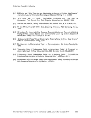 N.Sudhakar Reddy & K.V.N.Sunitha
International Journal of Computer Science and Security (IJCSS), Volume (5) : Issue (3) : 2011 393
[11] MM Gaber and PS Yu “Detection and Classification of Changes in Evolving Data Streams,”
International .Journal .Information Technology and Decision Making, v5 no 4, 2006.
[12] M.A. Gluck and J.E. Corter, “Information Uncertainty and the Utility of
Categories,” Proc. Seventh Ann. Conf. Cognitive Science Soc., pp. 283-287, 1985.
[13] G Hulton and Spencer, “Mining Time-Changing Data Streams” Proc. ACM SIGKDD, 2001.
[14] AK Jain MN Murthy and P J Flyn “Data Clustering: A Review,” ACM Computing Survey,
1999.
[15] Klinkenberg, R., Learning Drifting Concepts: Example Selection vs. Exam- ple Weighting
Intelligent Data Analysis, Special Issue on Incremental Learn- ing Systems Capable of
Dealing with Concept Drift, 2004. 8(3): p. 281-200.
[16] O.Narsoui and C.Rojas,“Robust Clustering for Tracking Noisy Evolving Data Streams”
SIAM Int. Conference Data Mining , 2006.
[17] C.E. Shannon, “A Mathematical Theory of Communication,” Bell System Technical J.,
1948.
[18] .Viswanadha Raju, H.Venkateswara Reddy andN.Sudhakar Reddy,” A Threshold for
clustering Concept – Drifting Categorical Data”, IEEE Computer Society, ICMLC 2011.
[19] S.Viswanadha Raju,H.Venkateswara Reddy and N.Sudhakar Reddy ” Our-NIR:Node
Importance Representation of Clustering Categorical Data ”, IJCST June 2011.
[20] S.Viswanadha Raju, N.Sudhakar Reddy and H.Venkateswara Reddy,” Clustering of Concept
Drift Categorical Data using Our-NIR Method, IJEE 2011
 