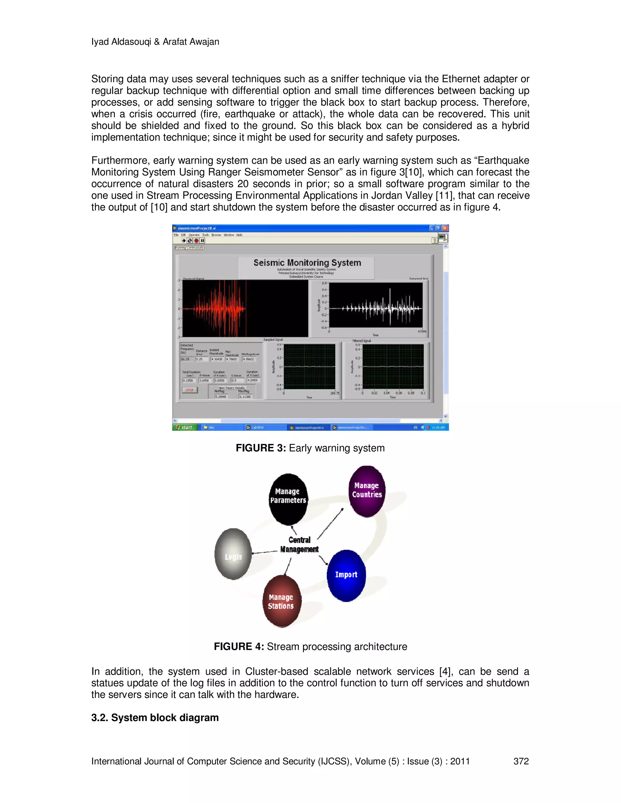 Iyad Aldasouqi & Arafat Awajan
International Journal of Computer Science and Security (IJCSS), Volume (5) : Issue (3) : 2011 372
Storing data may uses several techniques such as a sniffer technique via the Ethernet adapter or
regular backup technique with differential option and small time differences between backing up
processes, or add sensing software to trigger the black box to start backup process. Therefore,
when a crisis occurred (fire, earthquake or attack), the whole data can be recovered. This unit
should be shielded and fixed to the ground. So this black box can be considered as a hybrid
implementation technique; since it might be used for security and safety purposes.
Furthermore, early warning system can be used as an early warning system such as “Earthquake
Monitoring System Using Ranger Seismometer Sensor” as in figure 3[10], which can forecast the
occurrence of natural disasters 20 seconds in prior; so a small software program similar to the
one used in Stream Processing Environmental Applications in Jordan Valley [11], that can receive
the output of [10] and start shutdown the system before the disaster occurred as in figure 4.
FIGURE 3: Early warning system
FIGURE 4: Stream processing architecture
In addition, the system used in Cluster-based scalable network services [4], can be send a
statues update of the log files in addition to the control function to turn off services and shutdown
the servers since it can talk with the hardware.
3.2. System block diagram
 