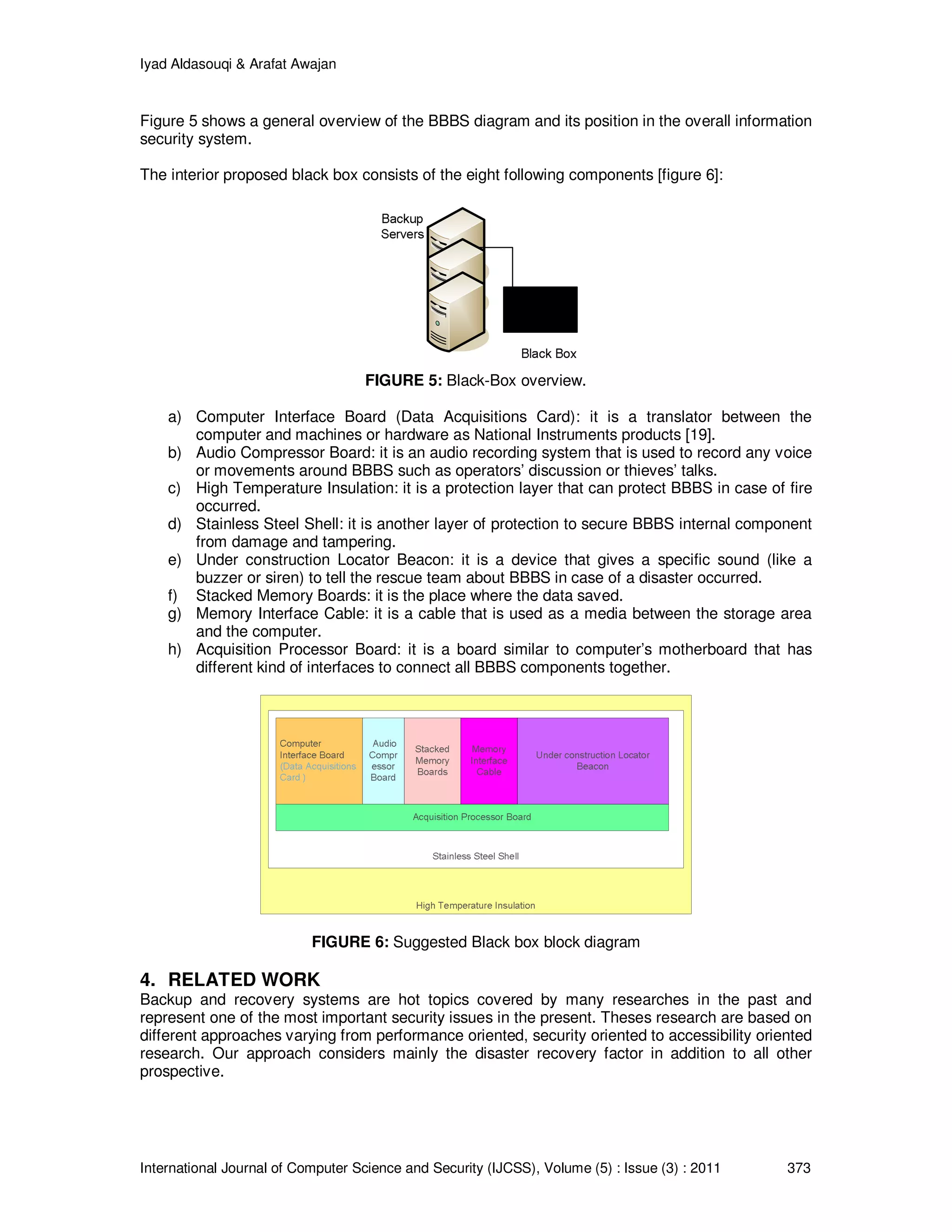 Iyad Aldasouqi & Arafat Awajan
International Journal of Computer Science and Security (IJCSS), Volume (5) : Issue (3) : 2011 373
Figure 5 shows a general overview of the BBBS diagram and its position in the overall information
security system.
The interior proposed black box consists of the eight following components [figure 6]:
FIGURE 5: Black-Box overview.
a) Computer Interface Board (Data Acquisitions Card): it is a translator between the
computer and machines or hardware as National Instruments products [19].
b) Audio Compressor Board: it is an audio recording system that is used to record any voice
or movements around BBBS such as operators’ discussion or thieves’ talks.
c) High Temperature Insulation: it is a protection layer that can protect BBBS in case of fire
occurred.
d) Stainless Steel Shell: it is another layer of protection to secure BBBS internal component
from damage and tampering.
e) Under construction Locator Beacon: it is a device that gives a specific sound (like a
buzzer or siren) to tell the rescue team about BBBS in case of a disaster occurred.
f) Stacked Memory Boards: it is the place where the data saved.
g) Memory Interface Cable: it is a cable that is used as a media between the storage area
and the computer.
h) Acquisition Processor Board: it is a board similar to computer’s motherboard that has
different kind of interfaces to connect all BBBS components together.
FIGURE 6: Suggested Black box block diagram
4. RELATED WORK
Backup and recovery systems are hot topics covered by many researches in the past and
represent one of the most important security issues in the present. Theses research are based on
different approaches varying from performance oriented, security oriented to accessibility oriented
research. Our approach considers mainly the disaster recovery factor in addition to all other
prospective.
 