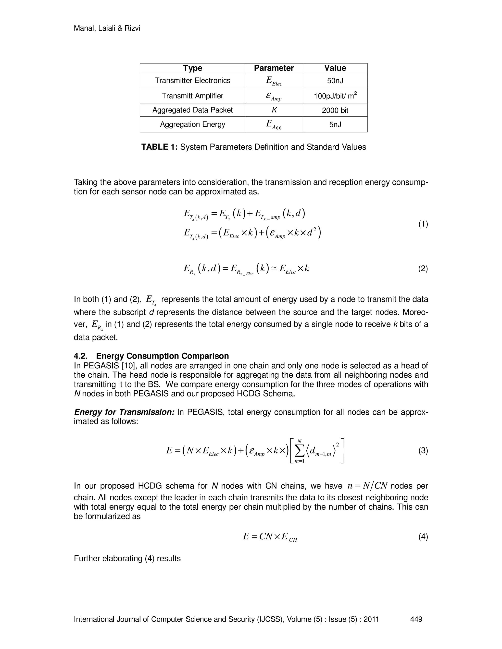 Manal, Laiali & Rizvi
International Journal of Computer Science and Security (IJCSS), Volume (5) : Issue (5) : 2011 449
Taking the above parameters into consideration, the transmission and reception energy consump-
tion for each sensor node can be approximated as.
( ) ( ) ( )
( ) ( ) ( )
_,
2
,
,x xx
x
T T ampT k d
Elec AmpT k d
E E k E k d
E E k k dε
= +
= × + × ×
(1)
( ) ( )_
,x x ElecR R ElecE k d E k E k= ≅ × (2)
In both (1) and (2), xTE represents the total amount of energy used by a node to transmit the data
where the subscript d represents the distance between the source and the target nodes. Moreo-
ver, xRE in (1) and (2) represents the total energy consumed by a single node to receive k bits of a
data packet.
4.2. Energy Consumption Comparison
In PEGASIS [10], all nodes are arranged in one chain and only one node is selected as a head of
the chain. The head node is responsible for aggregating the data from all neighboring nodes and
transmitting it to the BS. We compare energy consumption for the three modes of operations with
N nodes in both PEGASIS and our proposed HCDG Schema.
Energy for Transmission: In PEGASIS, total energy consumption for all nodes can be approx-
imated as follows:
( ) ( )
2
1,
1
N
Elec Amp m m
m
E N E k k dε −
=
 
= × × + × ×  
 
∑ (3)
In our proposed HCDG schema for N nodes with CN chains, we have n N CN= nodes per
chain. All nodes except the leader in each chain transmits the data to its closest neighboring node
with total energy equal to the total energy per chain multiplied by the number of chains. This can
be formularized as
CHE CN E= × (4)
Further elaborating (4) results
Type Parameter Value
Transmitter Electronics ElecE 50nJ
Transmitt Amplifier Ampε 100pJ/bit/ m
2
Aggregated Data Packet K 2000 bit
Aggregation Energy AggE 5nJ
TABLE 1: System Parameters Definition and Standard Values
 