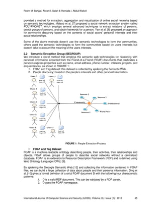 Reem M. Bahgat, Akram I. Salah & Hamada I. Abdul Wakeil
International Journal of Computer Science and Security (IJCSS), Volume (6) : Issue (1) : 2012 45
provided a method for extraction, aggregation and visualization of online social networks based
on semantic technologies. Matsuo et al. [7] proposed a social network extraction system called
POLYPHONET, which employs several advanced techniques to extract relations of persons,
detect groups of persons, and obtain keywords for a person. Yan et al. [8] proposed an approach
for community discovery based on the contents of social actors’ personal interests and their
social relationships.
Some of the above methods doesn’t use the semantic technologies to form the communities,
others used the semantic technologies to form the communities based on users interests but
doesn’t take in account the meaning of the users interests.
2.2 Semantic Extraction Group (SEGROUP)
We introduce a novel method that employs the semantic web technologies for reasoning with
personal information extracted from the Friend-of-a-Friend (FOAF) documents that predicates a
person’s express properties such as name, email address, phone number, interests, projects, and
acquaintances, as shown in FIGURE 1:
1. FOAF and Tag dataset: this dataset is collected by spidering the Semantic Web.
2. People discovery: based on the people’s interests and other personal information.
FIGURE 1: People Extraction Process
FOAF and Tag Dataset
FOAF is a machine-readable ontology describing people, their activities, their relationships and
objects. FOAF allows groups of people to describe social networks without a centralized
database. FOAF is an extension to Resource Description Framework (RDF) and is defined using
Web Ontology Language (OWL) [9].
By spidering the Swoogle Semantic Web [12] and collecting the information contained in FOAF
files, we can build a large collection of data about people and their personal information. Ding et
al. [10] gives a formal definition of a strict FOAF document D with the following four characteristic
patterns:
1. D is a valid RDF document. This can be validated by a RDF parser.
2. D uses the FOAF namespace.
 