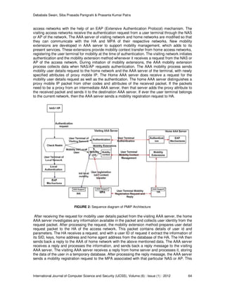 Debabala Swain, Siba Prasada Panigrahi & Prasanta Kumar Patra
International Journal of Computer Science and Security (IJCSS), Volume (6) : Issue (1) : 2012 64
access networks with the help of an EAP (Extensive Authentication Protocol) mechanism. The
visiting access networks receive the authentication request from a user terminal through the NAS
or AP of the network. The AAA server of visiting network and home networks are modified so that
they can communicate with the HA and MPA of their respective networks. New mobility
extensions are developed in AAA server to support mobility management, which adds to its
present services. These extensions provide mobility context transfer from home access networks,
registering the user terminal for mobility at the time of authentication. The visiting network initiates
authentication and the mobility extension method whenever it receives a request from the NAS or
AP of the access network. During initiation of mobility extensions, the AAA mobility extension
process collects data when NAS/AP requests authentication. The AAA mobility process sends
mobility user details request to the home network and the AAA server of the terminal, with newly
specified attributes of proxy mobile IP. The Home AAA server does receive a request for the
mobility user details request as well as the authentication. The home AAA server distinguishes a
proxy mobile IP packet from other codes and attributes of the received packet. If the packets
need to be a proxy from an intermediate AAA server, then that server adds the proxy attribute to
the received packet and sends it to the destination AAA server. If ever the user terminal belongs
to the current network, then the AAA server sends a mobility registration request to HA.
FIGURE 2: Sequence diagram of PMIP Architecture
After receiving the request for mobility user details packet from the visiting AAA server, the home
AAA server investigates any information available in the packet and collects user identity from the
request packet. After processing the request, the mobility extension method prepares user detail
request packet to the HA of the access network. This packet contains details of user id and
parameters. The HA receives a request, and with a user ID of request it extract the information of
its SID, keys, home address and home agent address from the database of the HA. The HA then
sends back a reply to the AAA of home network with the above mentioned data. The AAA server
receives a reply and processes the information, and sends back a reply message to the visiting
AAA server. The visiting AAA server receives a reply from home server and processes it, storing
the data of the user in a temporary database. After processing the reply message, the AAA server
sends a mobility registration request to the MPA associated with that particular NAS or AP. This
 